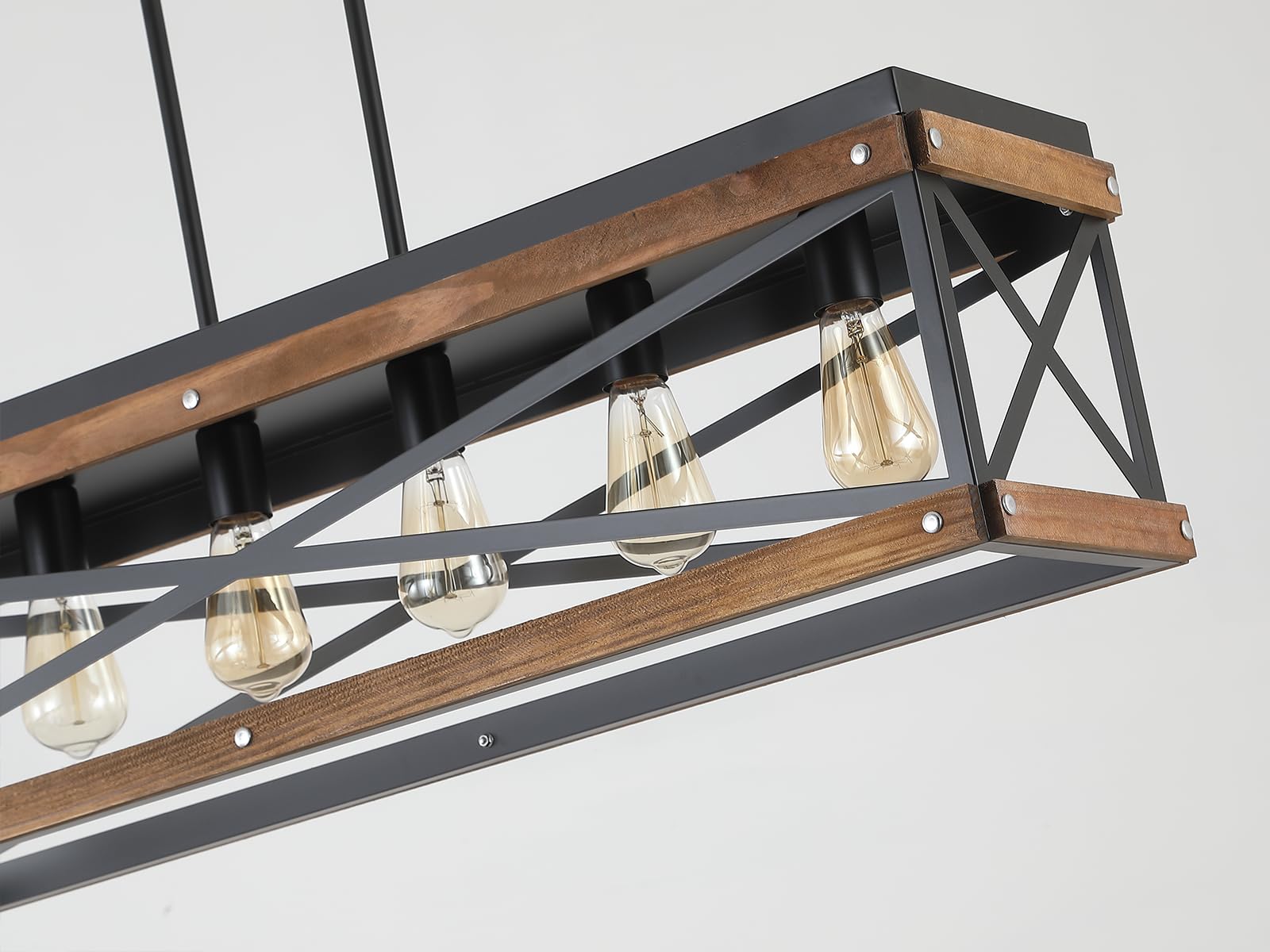Rustic Farmhouse Wood Kitchen Island Lighting  6 Lights Rectangular Pendant Light Fixture  Adjustable Chain Oak Wood And Metal Linear Chandelier For Dining Room Kitchen Island Farmhouse  Black