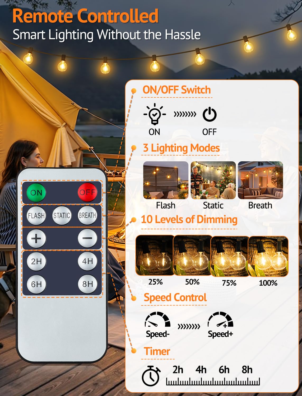 Larkvue Solar String Lights, 100FT, Waterproof, Dimmable 3 Modes, 40+3 LED G40 Bulbs, Black, Model GLS-18J2P-G40
