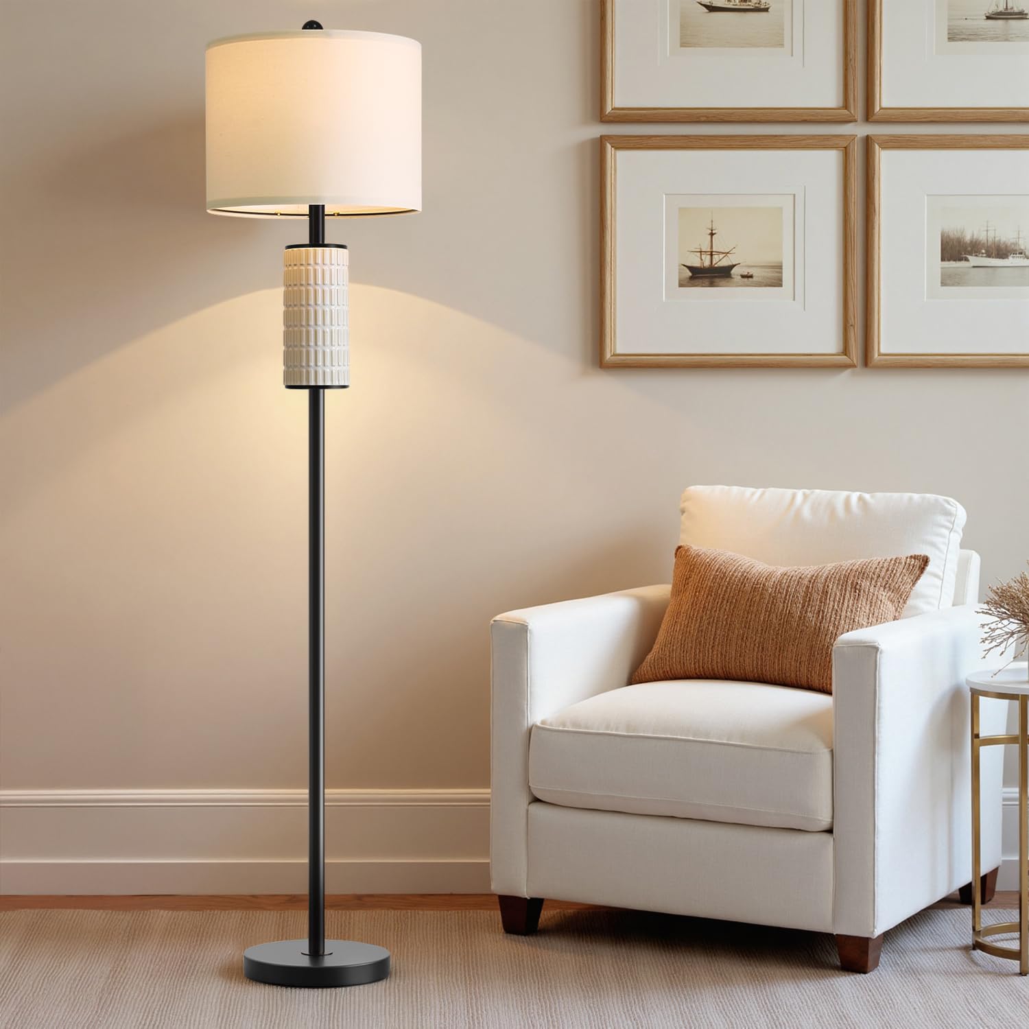PoKat Farmhouse Floor Lamp for Living Room with Ceramic  64 Black Standing Lamps for Living Room Corner  Modern Tall Floor Lamps for Bedroom  Sofa  Reading Nock  Rotary Switch  Matte Black