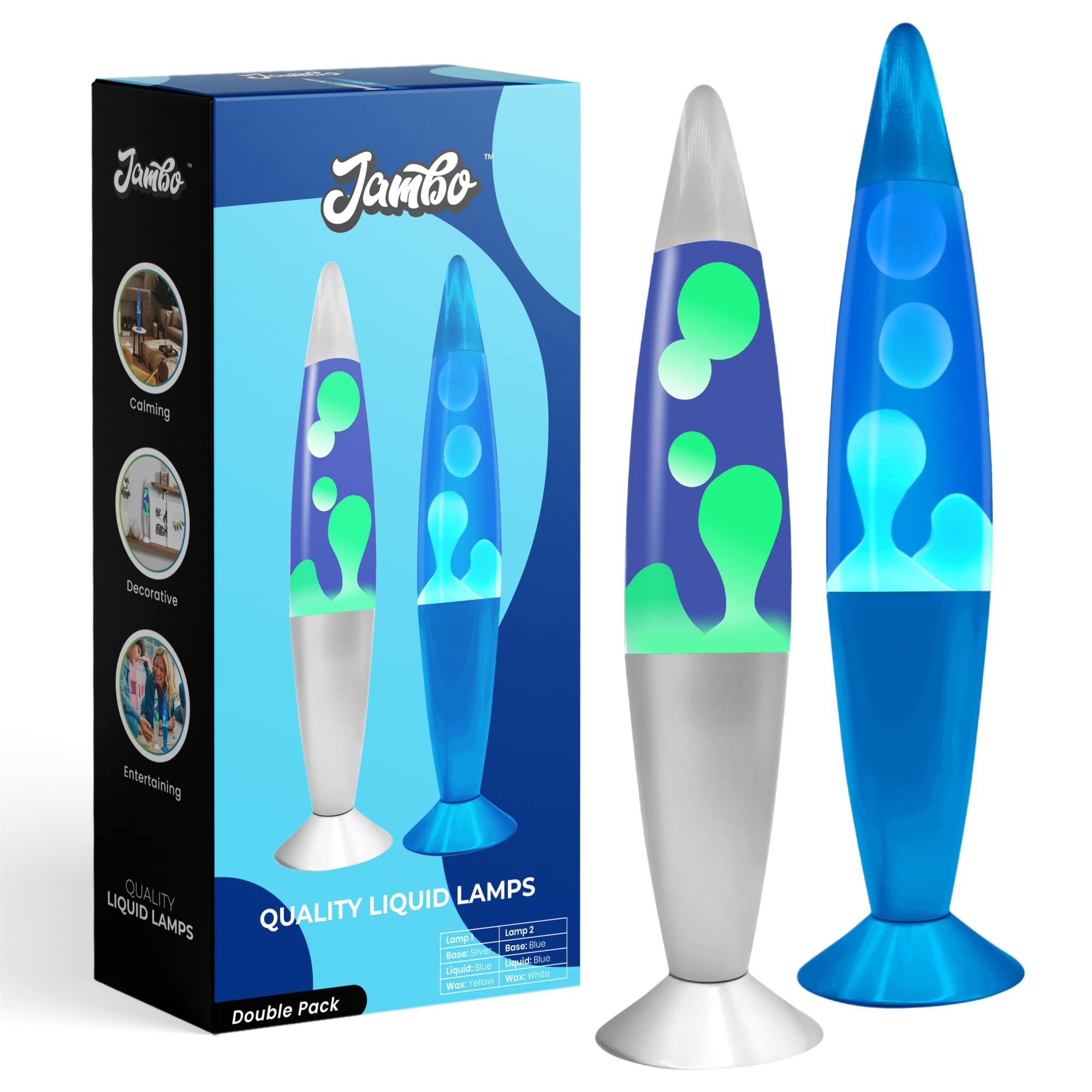 Jambo 16&quot; Inch Beautiful Liquid Motion Lamp with Wax | Entertaining for Adults, Teens and Kids (Silver Base, Blue Liquid, Yellow Wax & Blue Base, Blue Liquid, White Wax Double Pack)