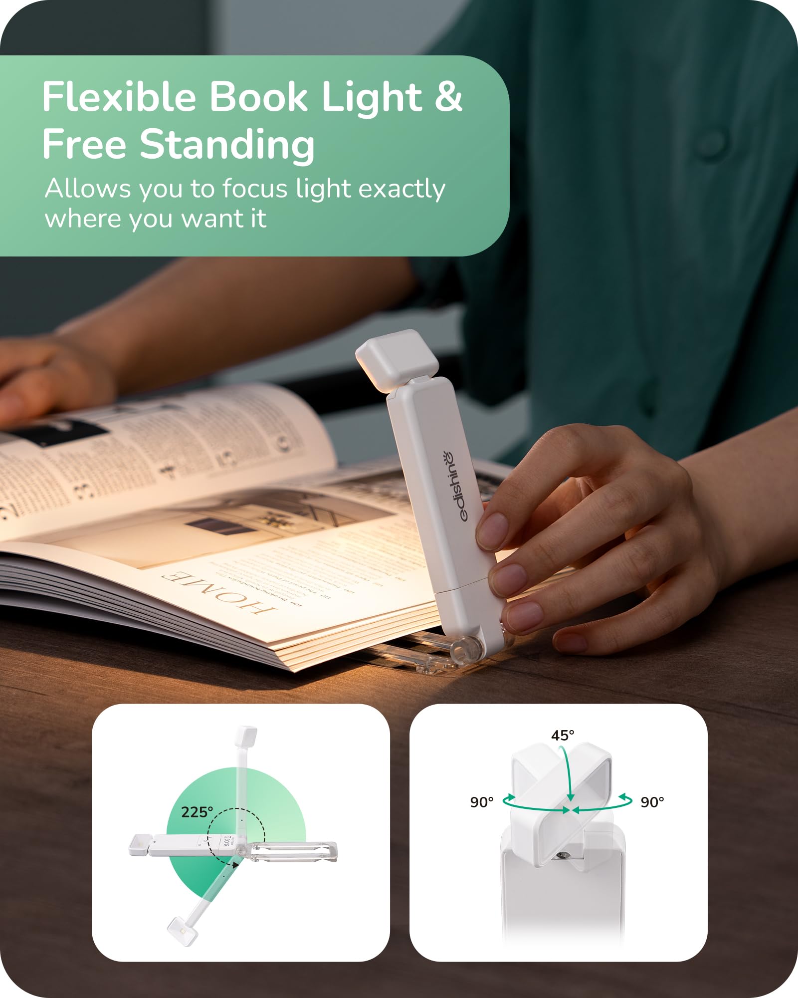 EDISHINE Book Lights for Reading at Night, USB Rechargeable Reading Lights for Books in Bed, 3 CCT & Stepless Dimmable Lamp for