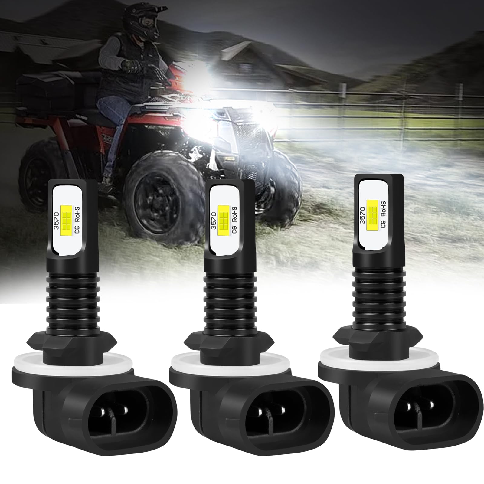 HMCYCI LED Headlight Bulbs for Polaris Sportsman, 881/889/862/886/894/896/898, Aluminum, 6000K Cool White, 3pcs