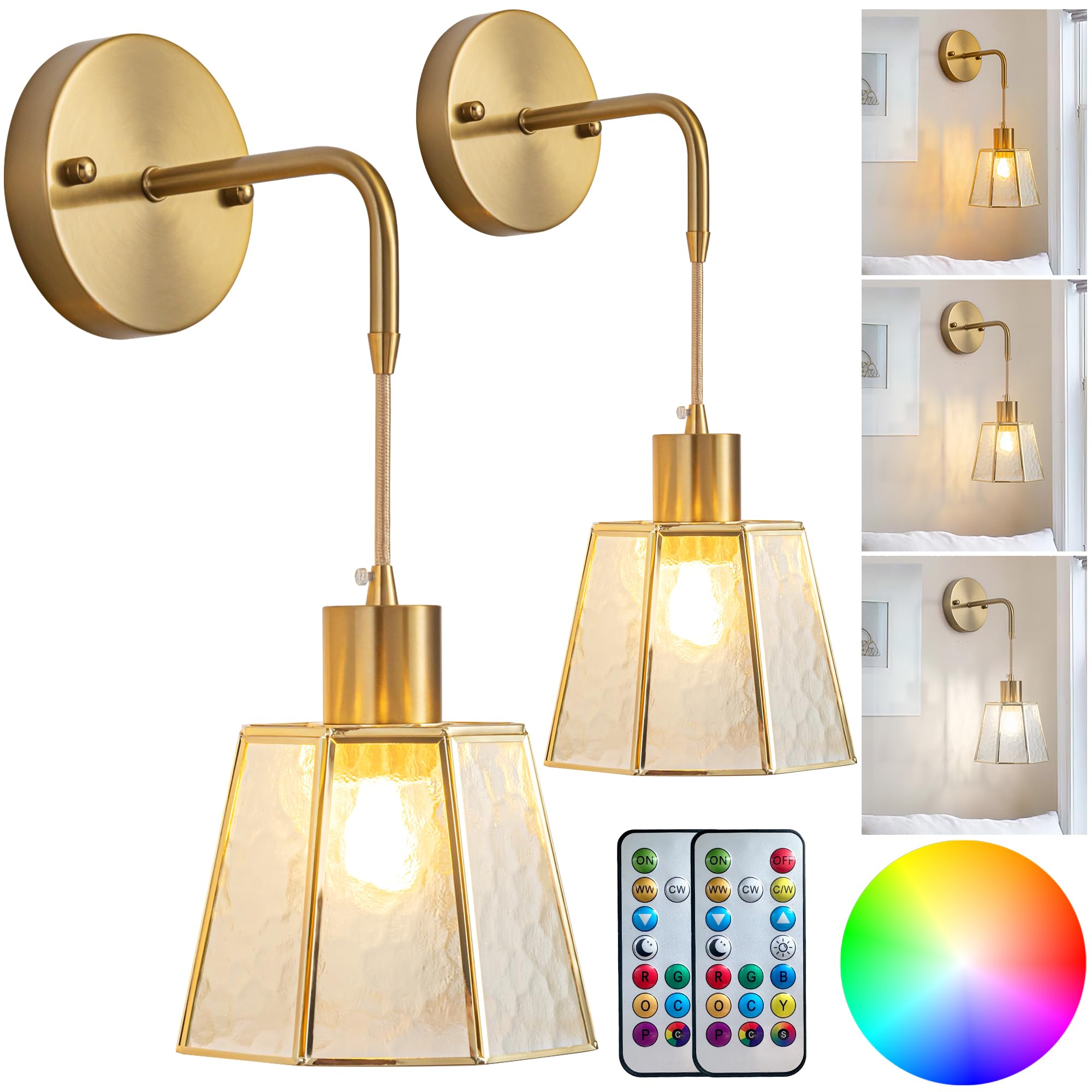 YHCDLAMP Battery Operated Wall Sconces Set of 2, RGB Color Changing, Remote Control, Transparent