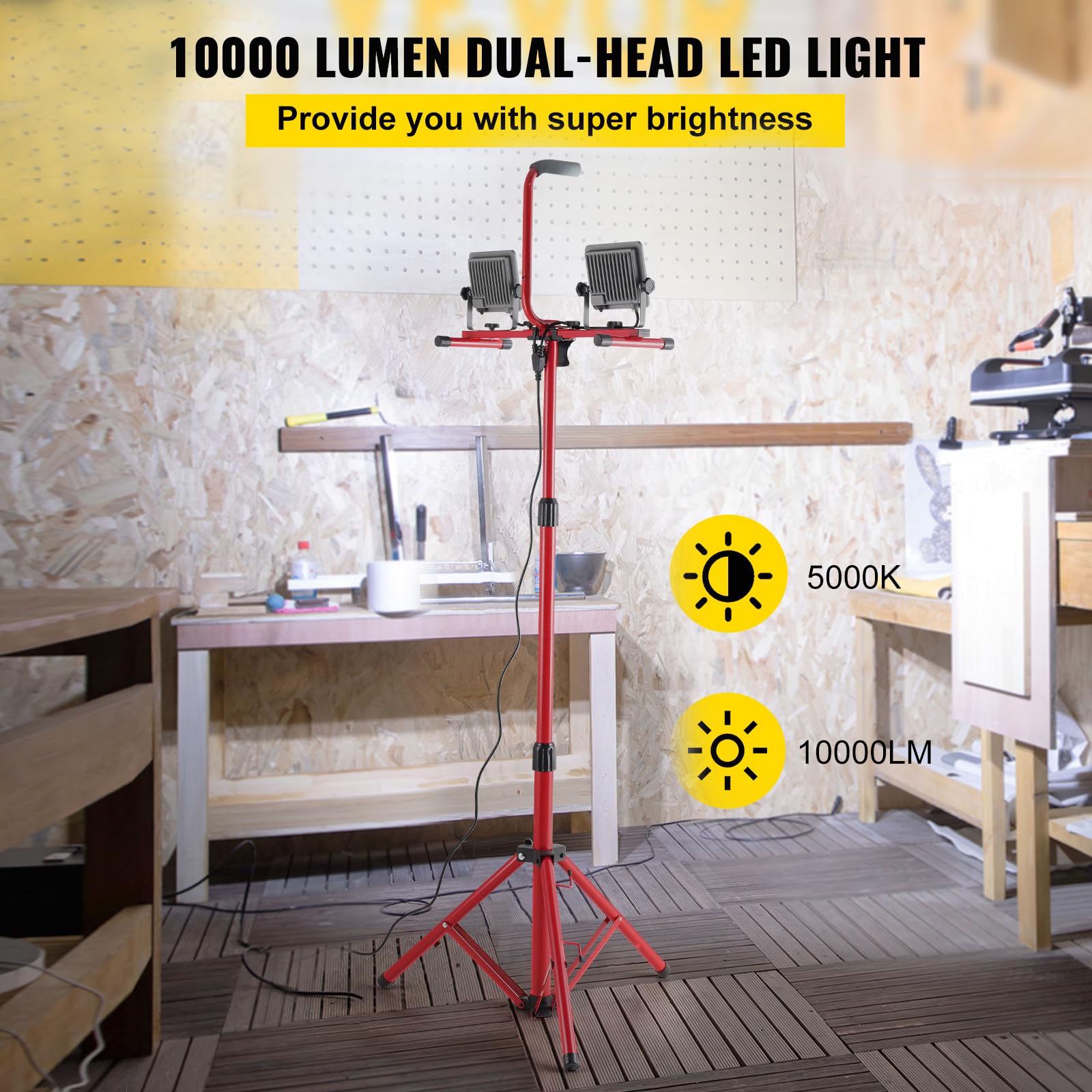 Vevor Led Work Light With Stand, 5000 Lumen Dual-Head Led Work Light With 27.6''-68.1'' Adjustable And Foldable Tripod Stand, Ip