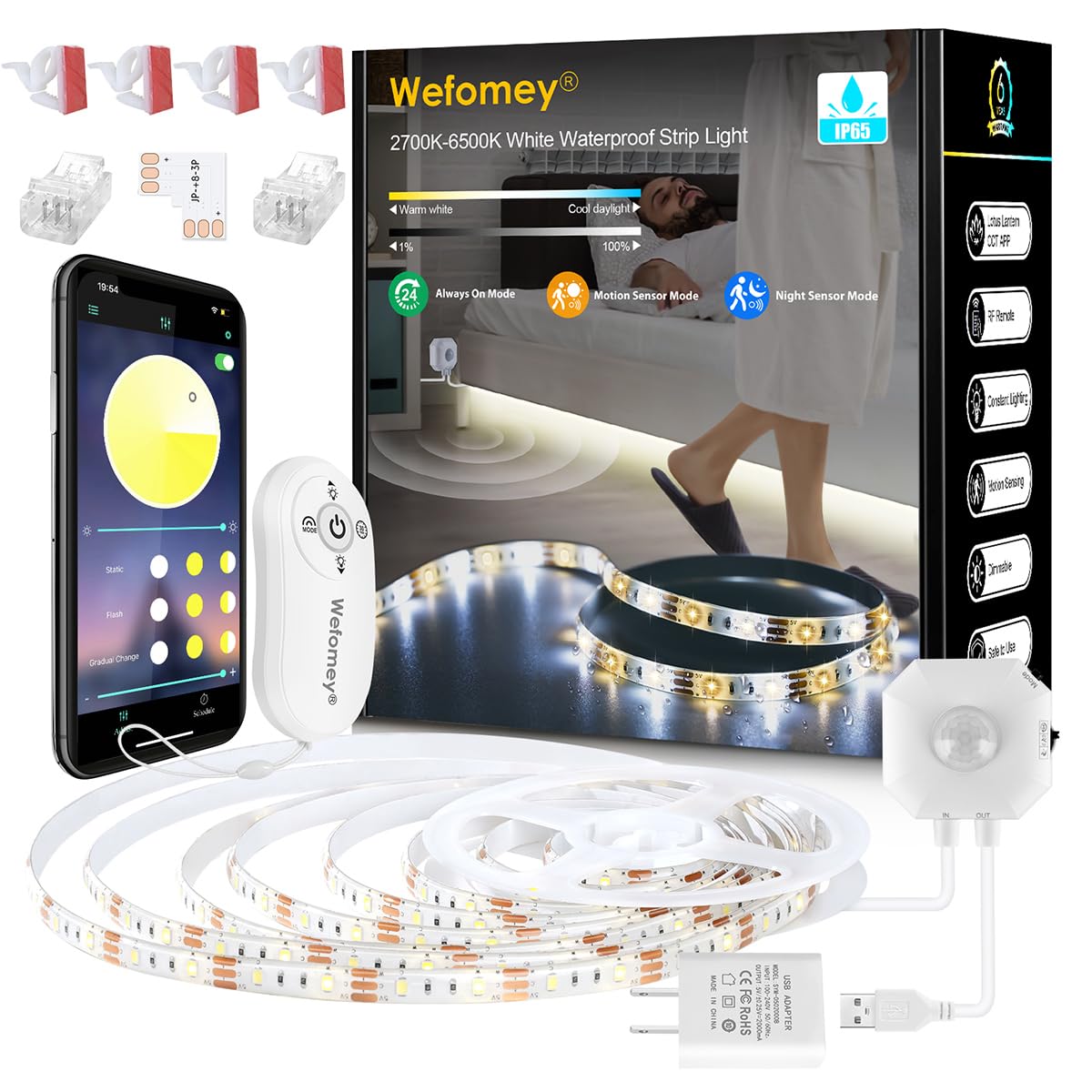 Wefomey White Led Strip Lights With Motion Sensor, Remote, App Control, 10Ft Waterproof Led Light Strip Warm White To Cool 2700K-6500K, 5V Bright Led Tape Light For Bathroom, Porch, Balcony