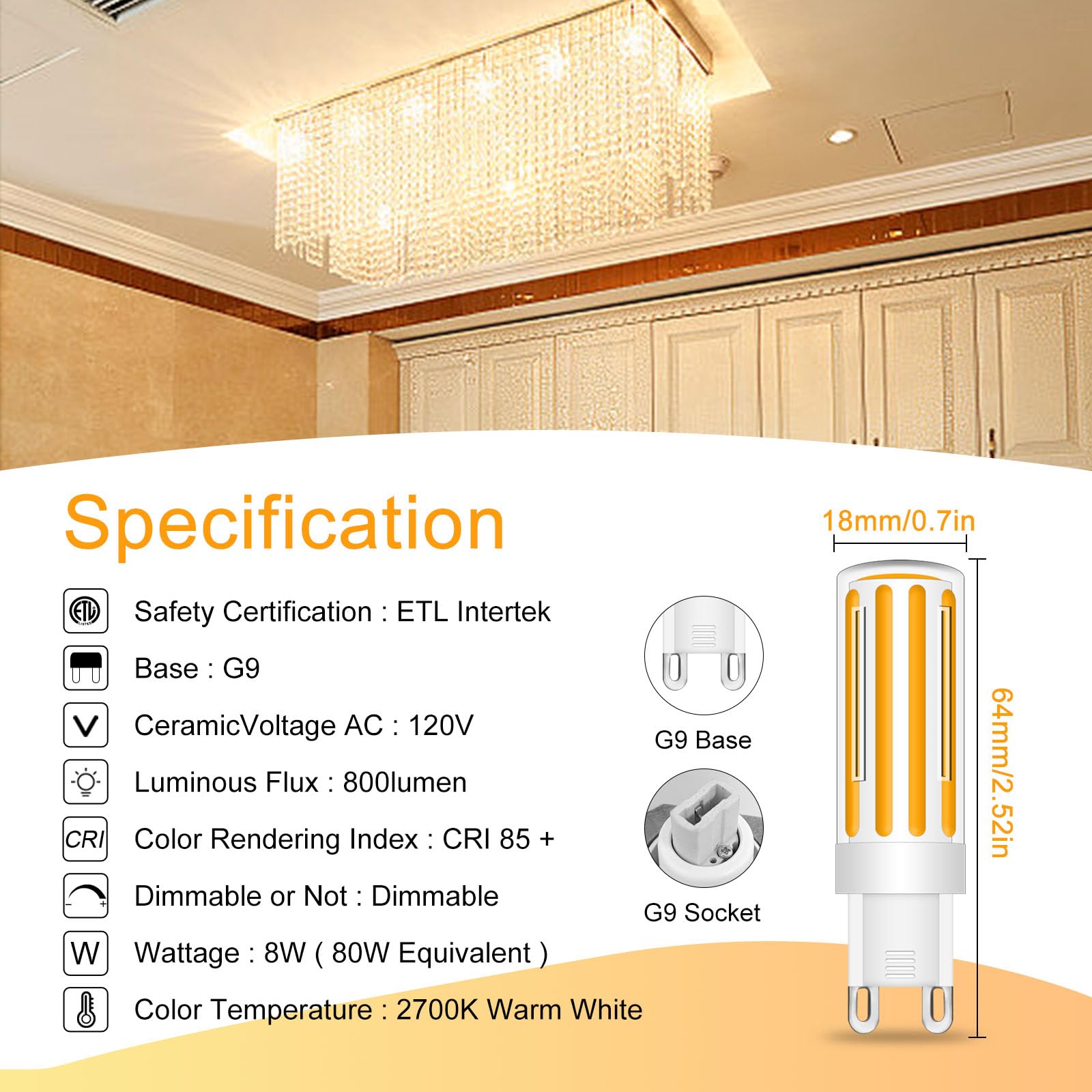 Lflampon 8W G9 Led Light Bulbs 80W Halogen Equivalent  G9 Led Bulbs Soft White 2700K  360Beam Angle  120V 800Lm  G9 Bi Pin Base Bulbs Dimmable For Chandeliers Home Lighting
