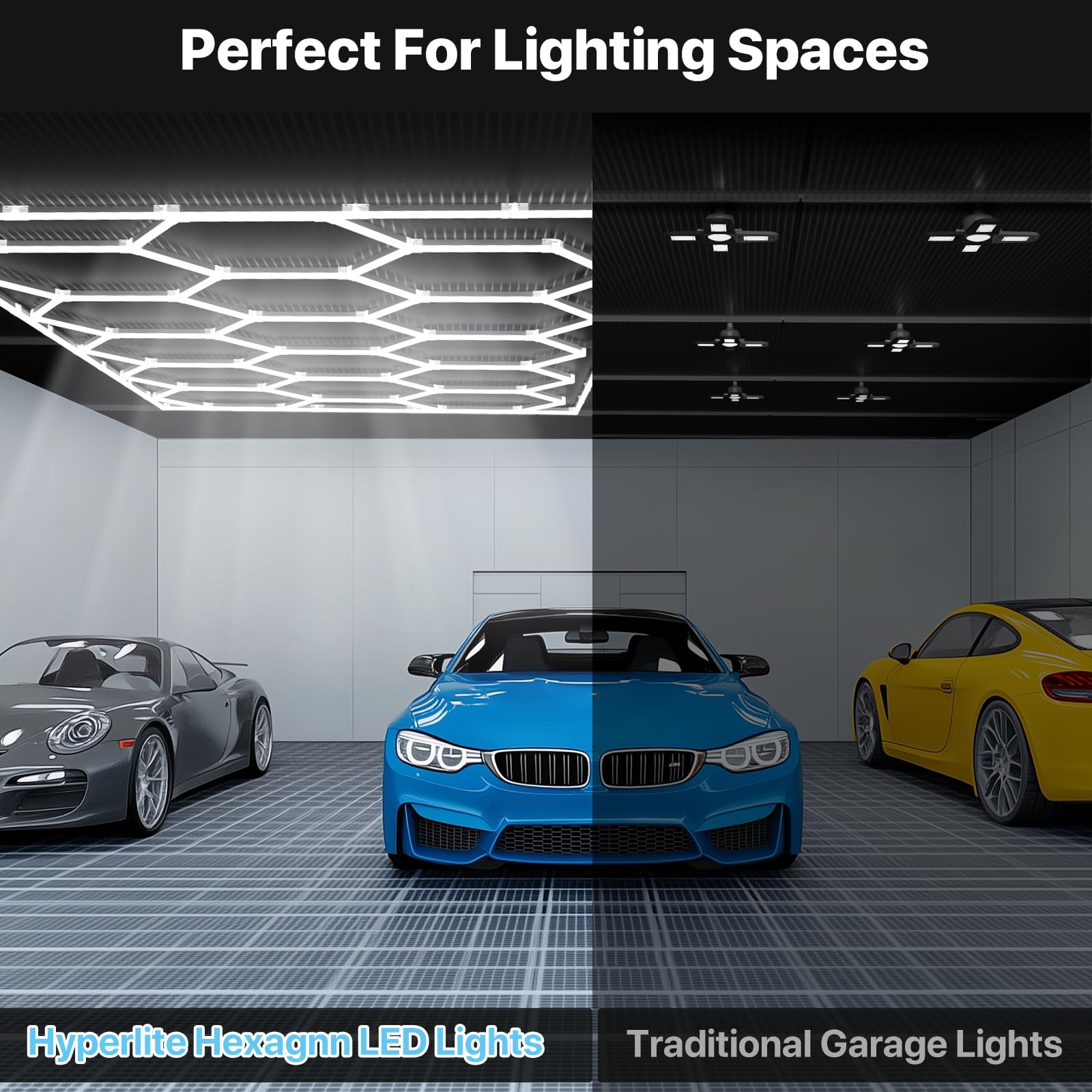 HYPERLITE Gen 2 Hexagon LED Lights 399W 39900LM, 14 Grids, 6500K, White, Easy Install for Garage, Gym, Workshops,