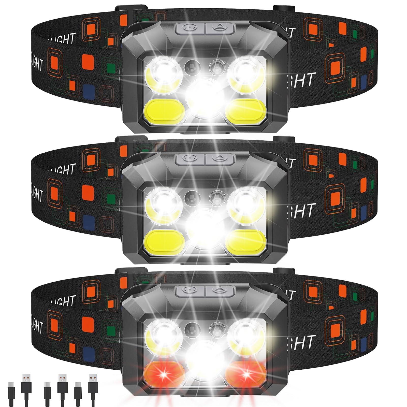 BeaMystGear Rechargeable LED Headlamp 3-Pack, 800 Lumens, USB-C, IPX4 Waterproof, 8 Modes, Red & White Light - Lightweight, Adju