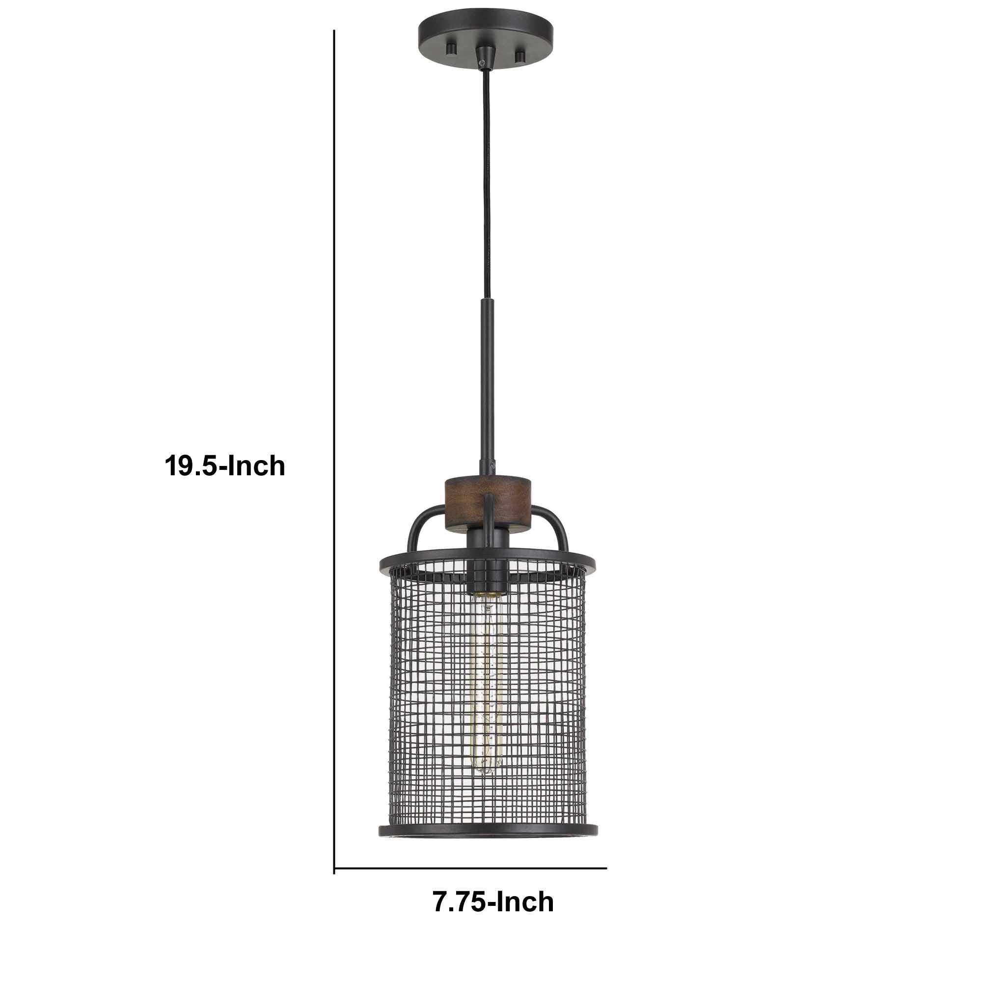 Benjara Bm233266 19.5 X 7.75 X 7.75 In. Cylindrical Grid Design Metal Chandelier With Wooden Accent, Black