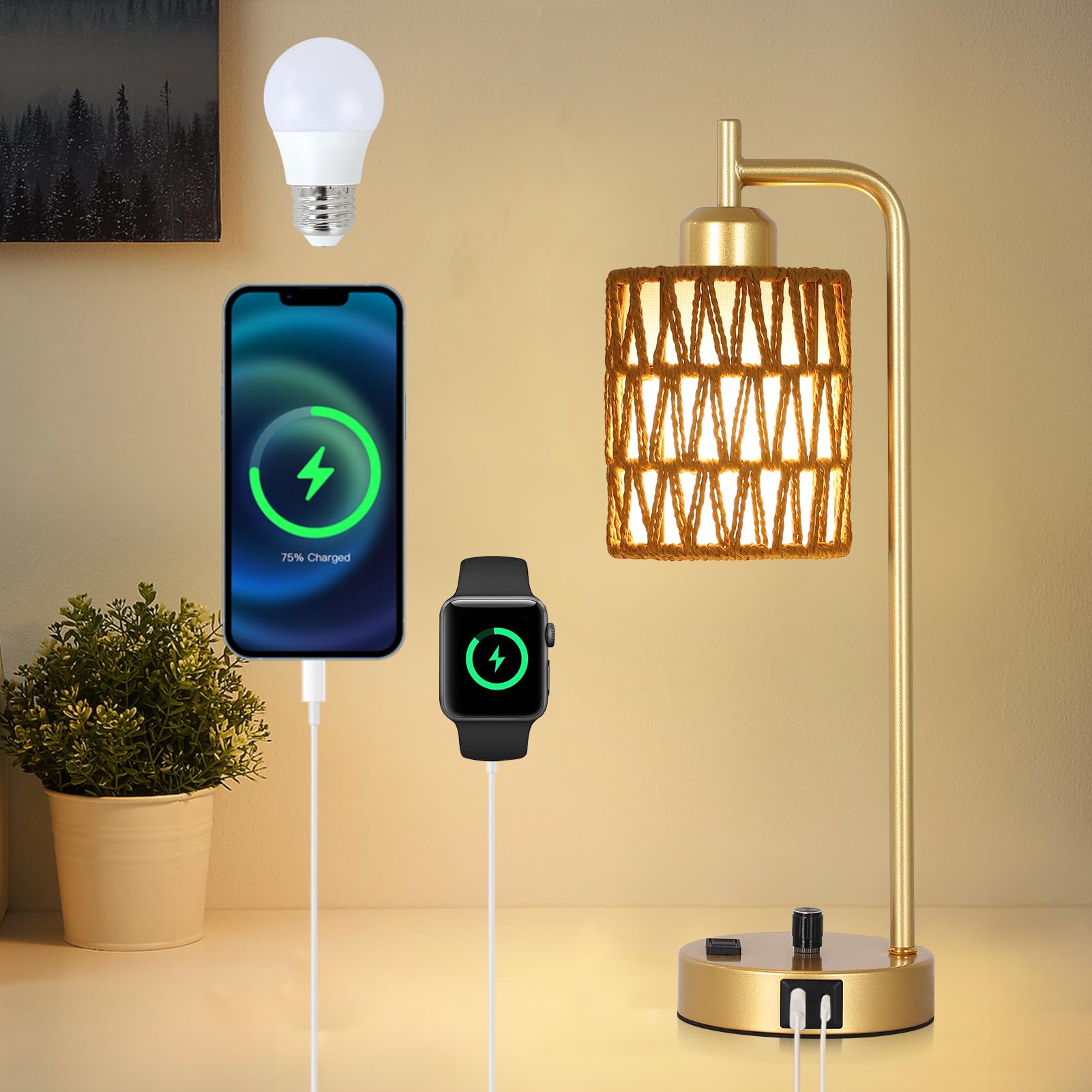 Stepeak Boho Gold Lamp for Bedroom, Small Rattan Table Lamp with LED Bulb, Nightstand Bedside Lamp with Wicker Shade, USB Chargi