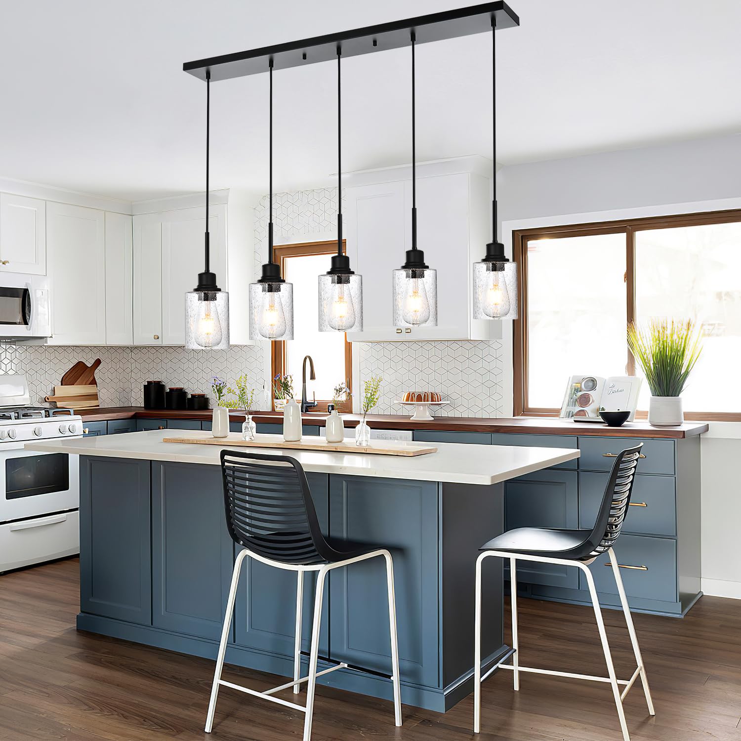 Pendrion Black Chandelier 5 Light Dining Room Lighting Fixtures Hanging Linear Pendant Lights Industrial Modern Chandelier With