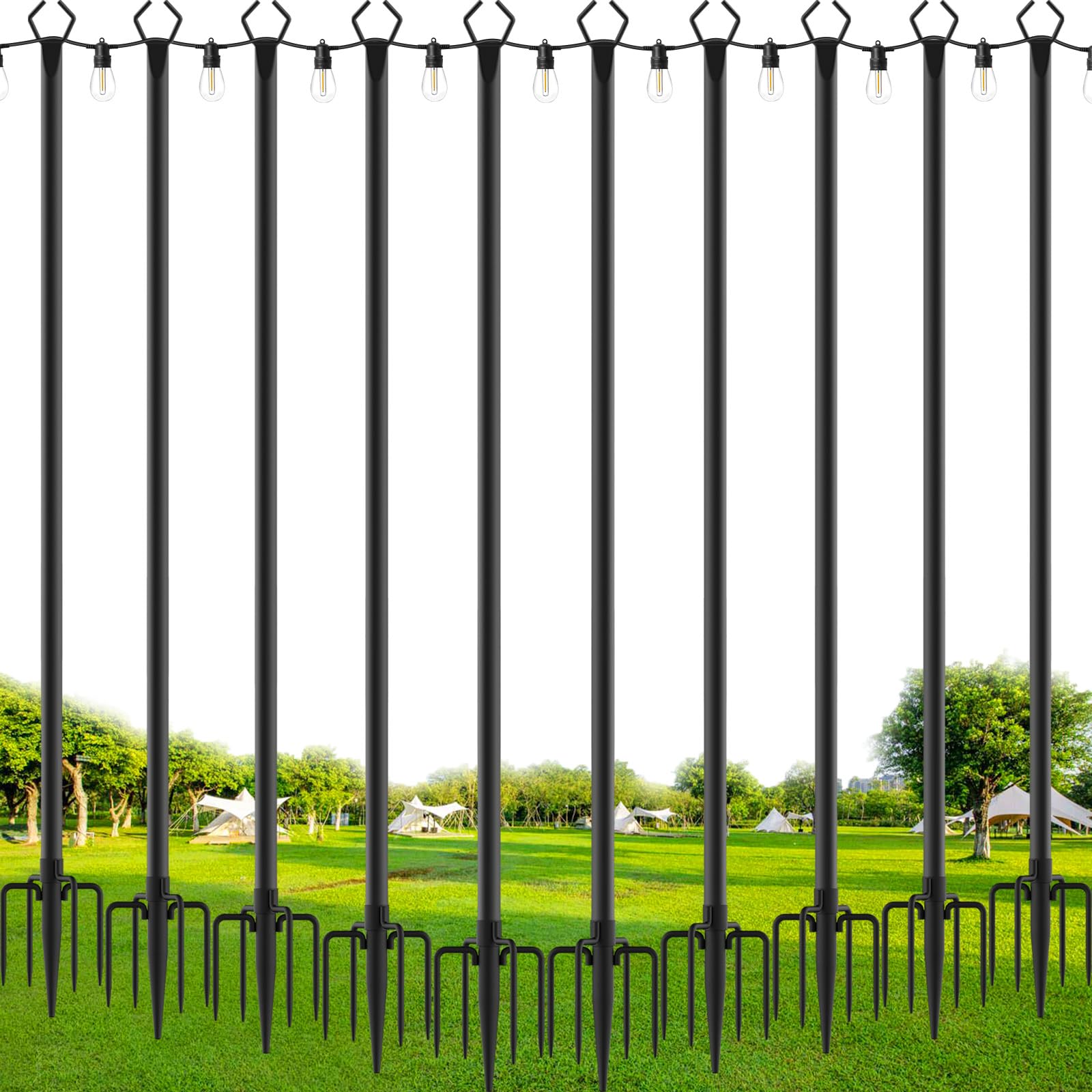 SINLEY String Light Poles, 10 Ft Metal Poles with Fork, 10 Pack, Black for Outdoor Use, Patio, Deck, Garden, Party