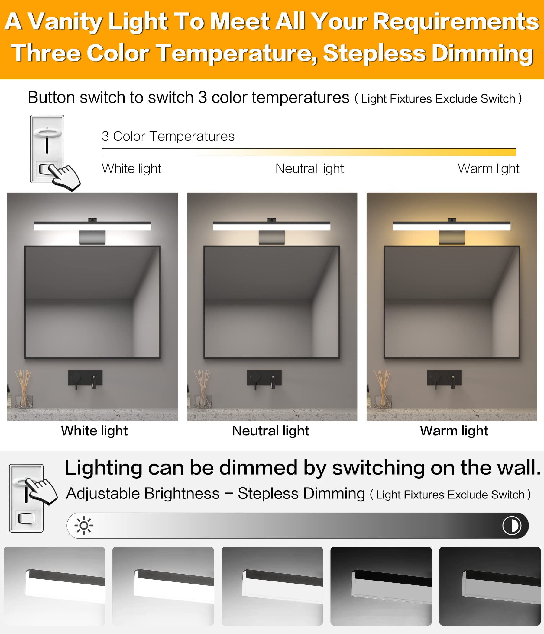 SOLFART LED Vanity Light - 3 Color Temperature Dimmable, 23.6 inch, Black, Aluminum & Acrylic