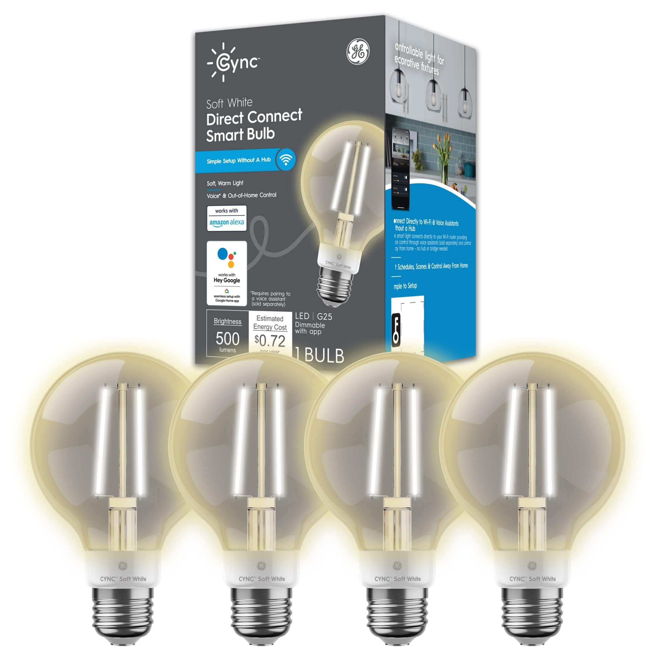 GE CYNC Smart LED Light Bulbs, G25 Globe Bulb, WiFi Light, Soft White, 60W Equivalent, Works with Amazon Alexa and Google Home (
