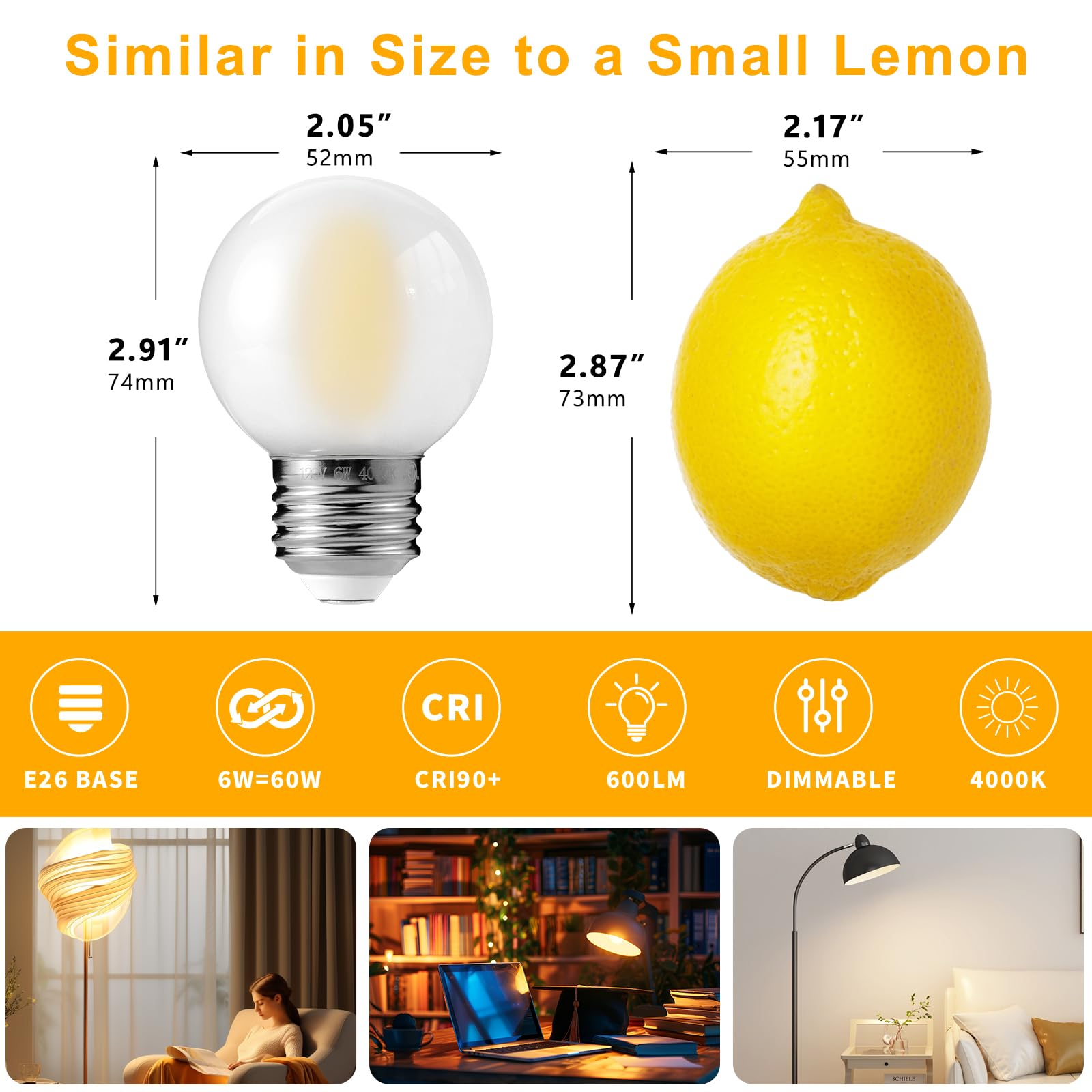 Decoaui E26 G16 LED Globe Light Bulbs, 6W (60W Equivalent), 600 Lumens, Daylight White, Dimmable, Frosted Glass, 12 Pack