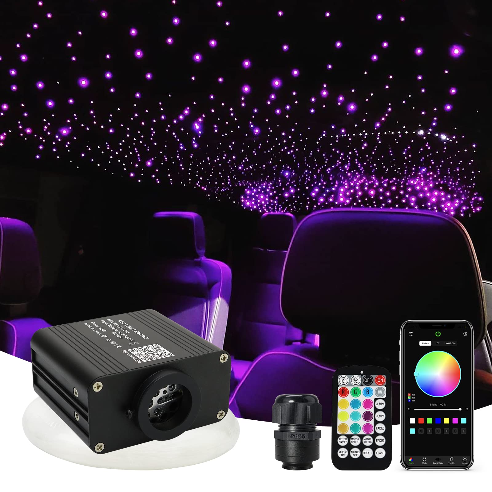 AMKI Updated 16W Starlight Headliner Kits 650pcs 0.03in 9.8ft Twinkle + Music Mode Mixed APP Remote Sound Control Car Home RGBW