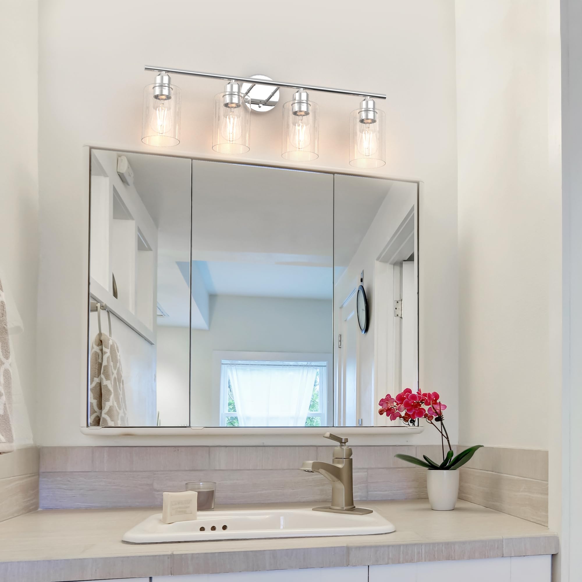 Espird Bathroom Vanity Light Fixtures - 4 Lights Polished Chrome Metal Sconces with Cylinder Glass Shade, Model L01-4-GE