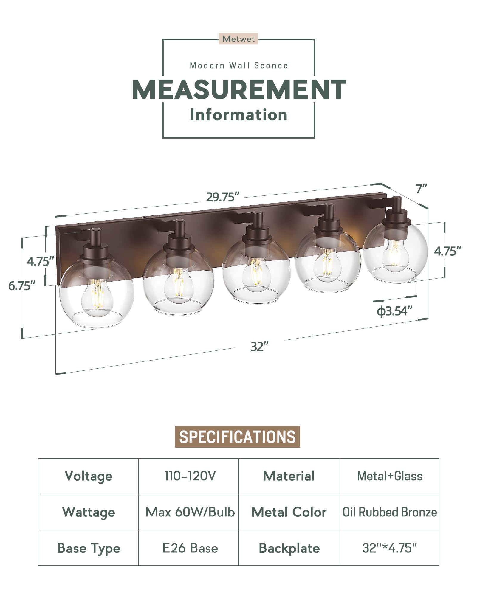 METWET 5-Light Bathroom Vanity Light Fixture, Oil Rubbed Bronze, Modern Sconces with Clear Glass Shades, Model VL195-ORB-5, 32 Inch