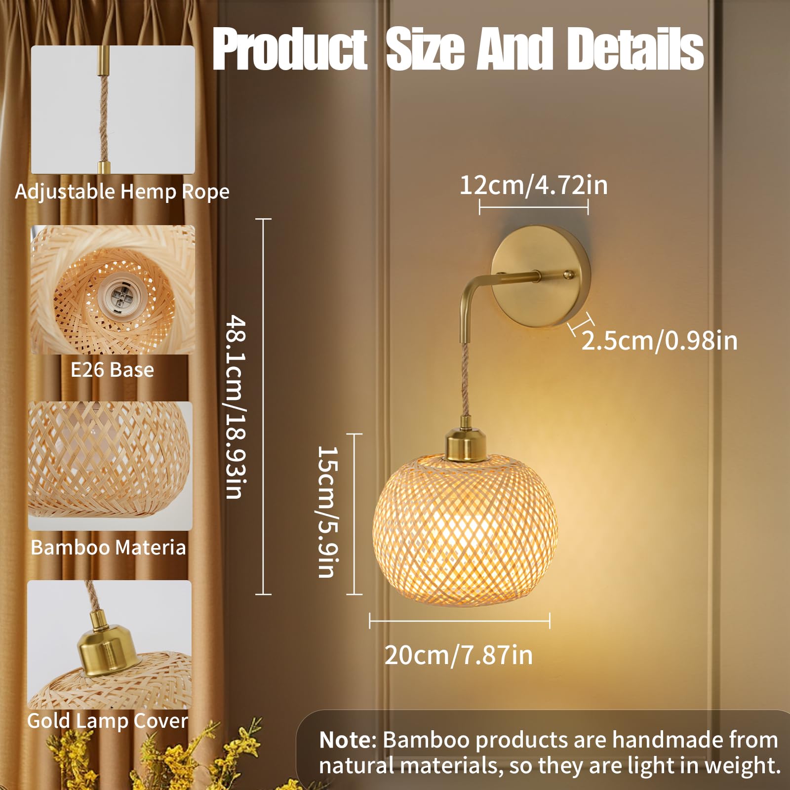 Vitnucrol Gold Wall Sconces Set of 2, Rechargeable Rattan Lamps with Remote, 15 Colors Dimmable, Wireless Boho Lighting, Model WS0008BM2