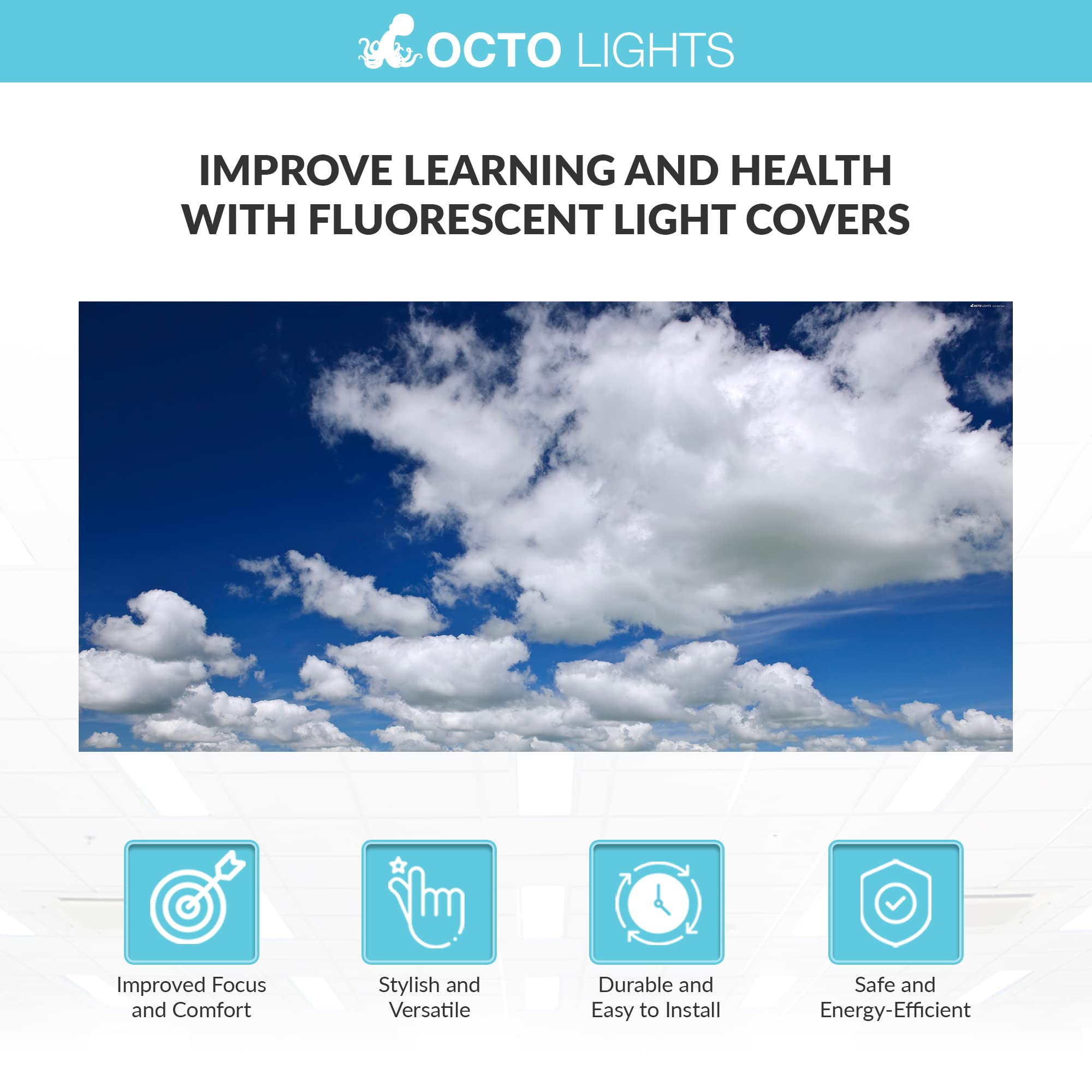 OCTO LIGHTS Fluorescent Light Covers 2x4 (22.38in x 46.5in) - Backlit Film, Breathtaking Stratocumulus, Model CL