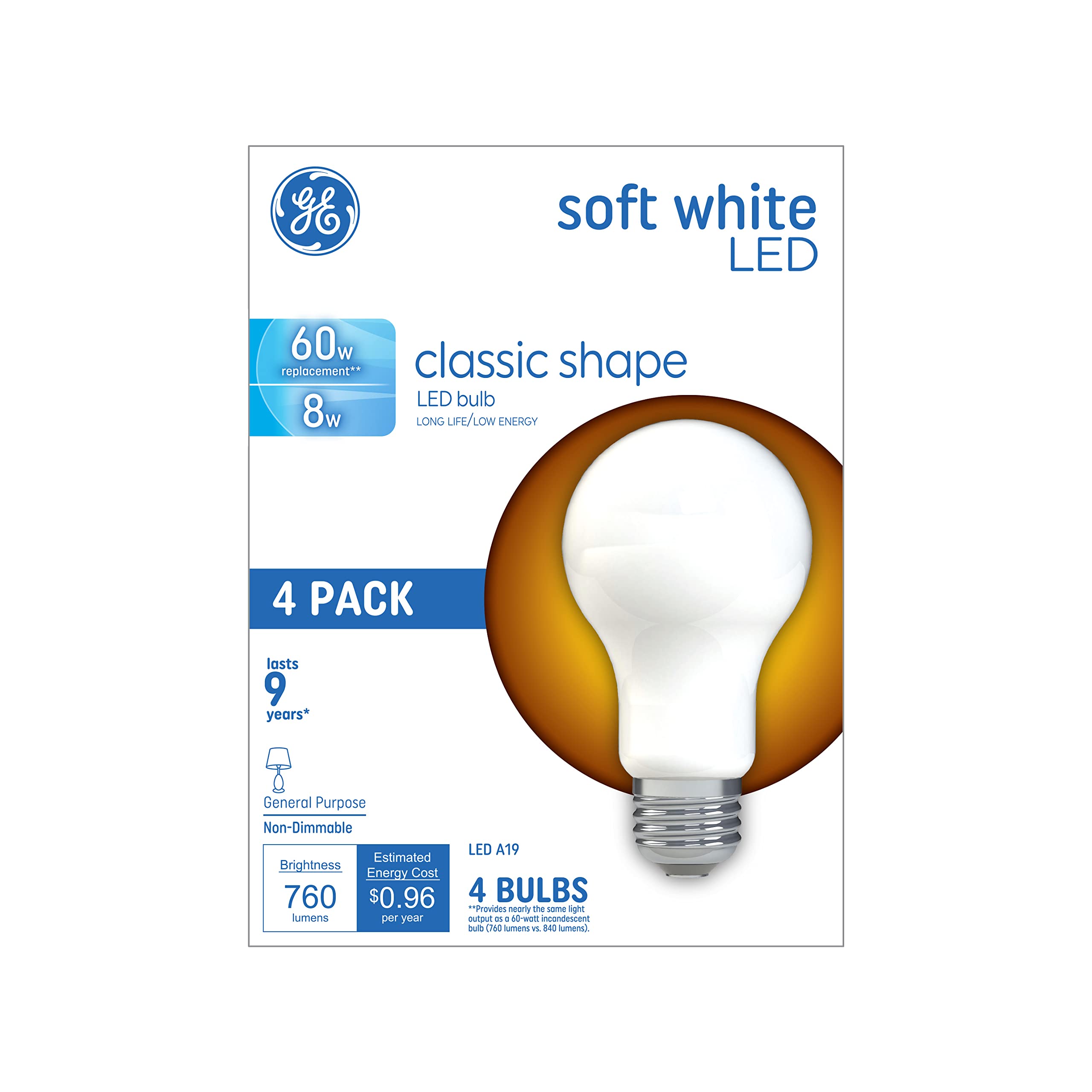 Ge Led Light Bulbs, 60 Watt, Soft White, A19 (4 Pack)