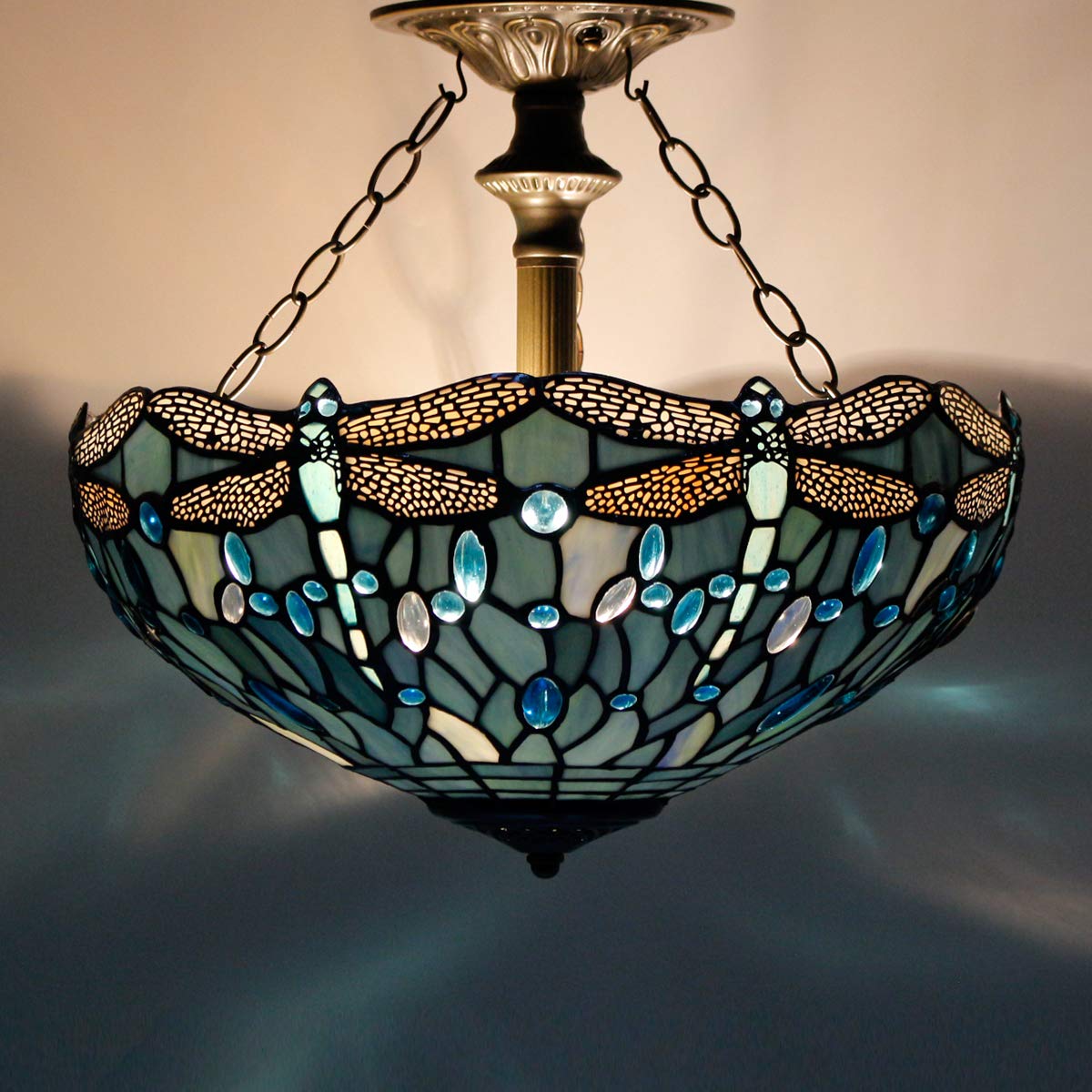 WERFACTORY Tiffany Ceiling Light Fixture, Sea Blue Glass, 16in Wide, 15in Height, Dragonfly S147 Series, Semi Flush Mount Lamp