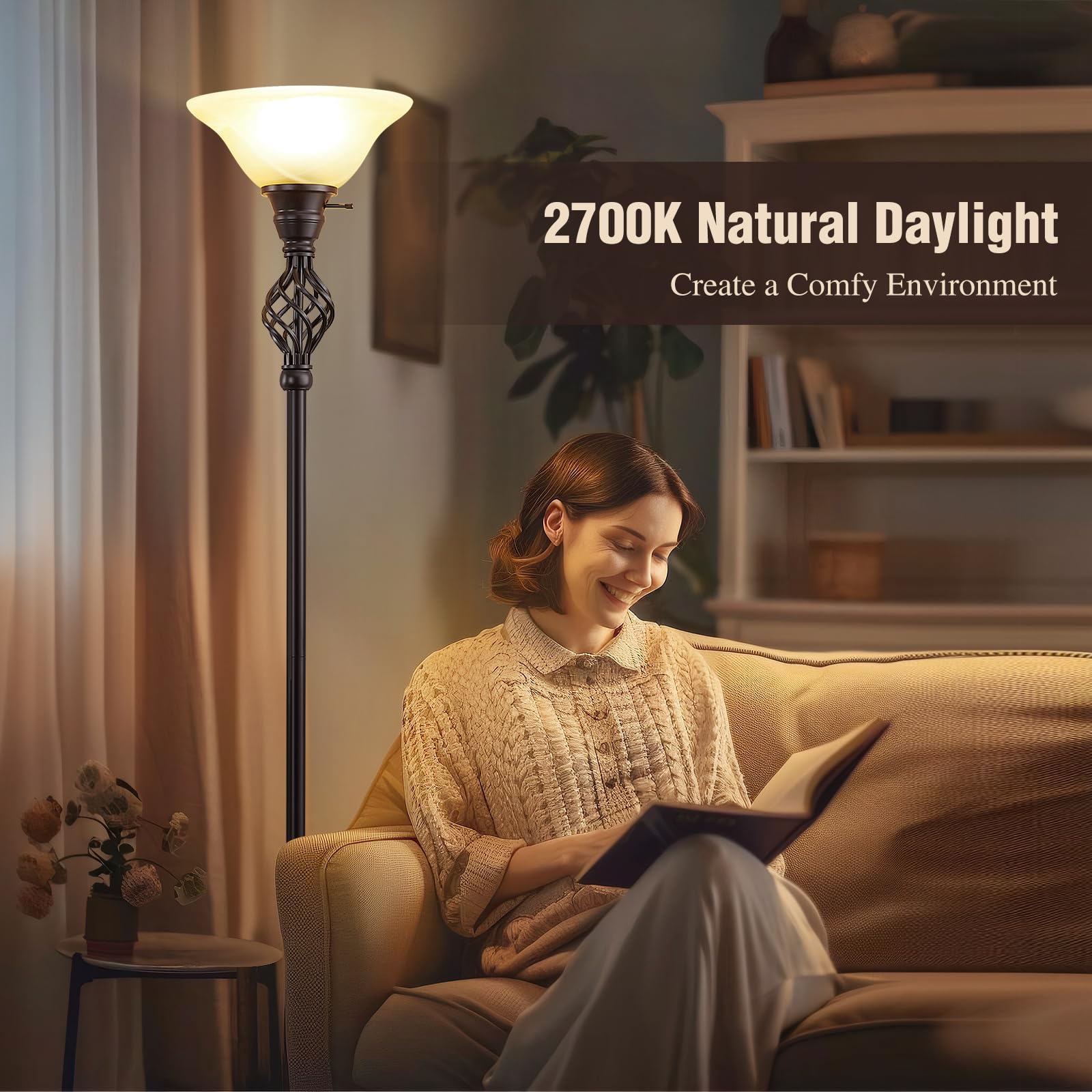 Torchiere Floor Lamp For Living Room, Led Standing Reading Light For Bedroom With Glass Shade For Living Room Corner Bedroom Hom