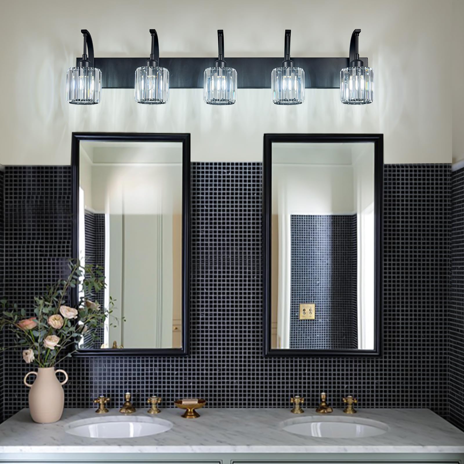 Fdpby 5-Light Crystal Vanity Light  Modern Black Bathroom Wall Sconce With K9 Crystal Shades  42.51 Long Over Mirror Lighting For Vanity  Makeup  Hallway  Elegant & Easy Installation