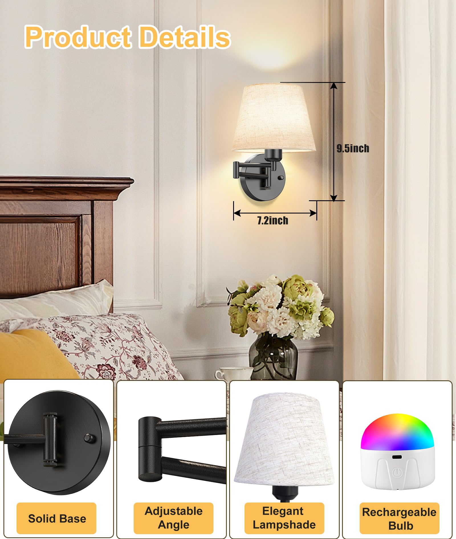 Onwecen Wall Sconces Set of Two, Wireless Swing Arm Lights, 10000mAh RGB Bulb, Remote Control, Fabric Shade, Black, Model SPU19