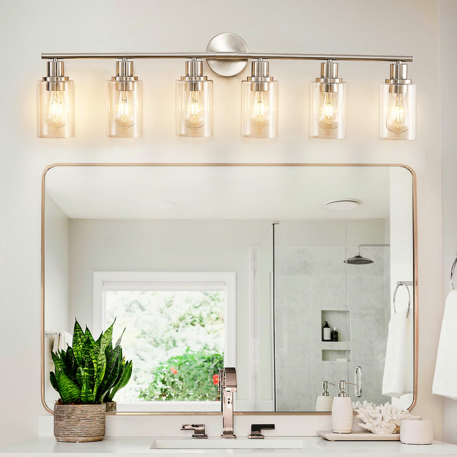 DINGLILIGHTING 6-Light Bathroom Light Fixtures, Brushed Nickel, Metal, Clear Glass Shade, Modern Vanity Lights for Mirror, Kitchen, Living Room