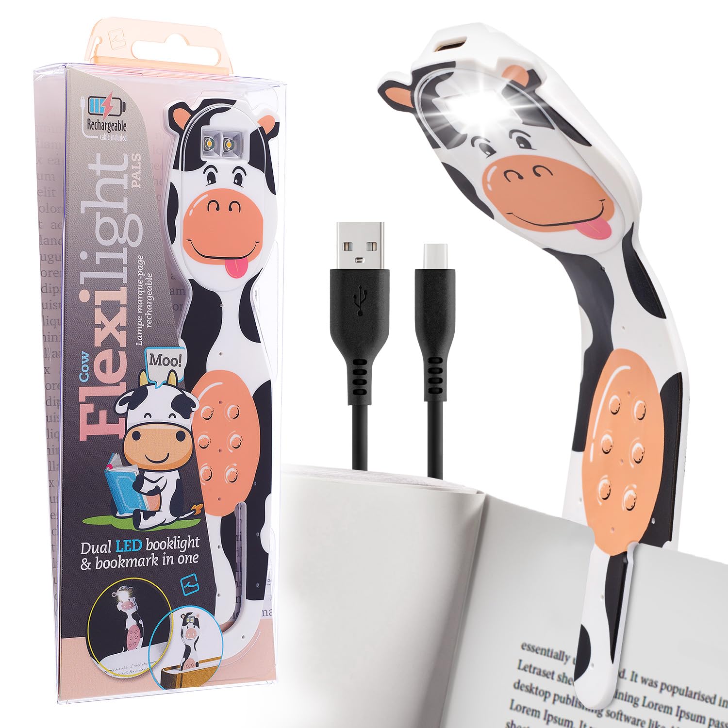 Gifts for Readers & Writers Flexilight Pal Bookmark Light | Rechargeable LED Clip On Lamp | Cow