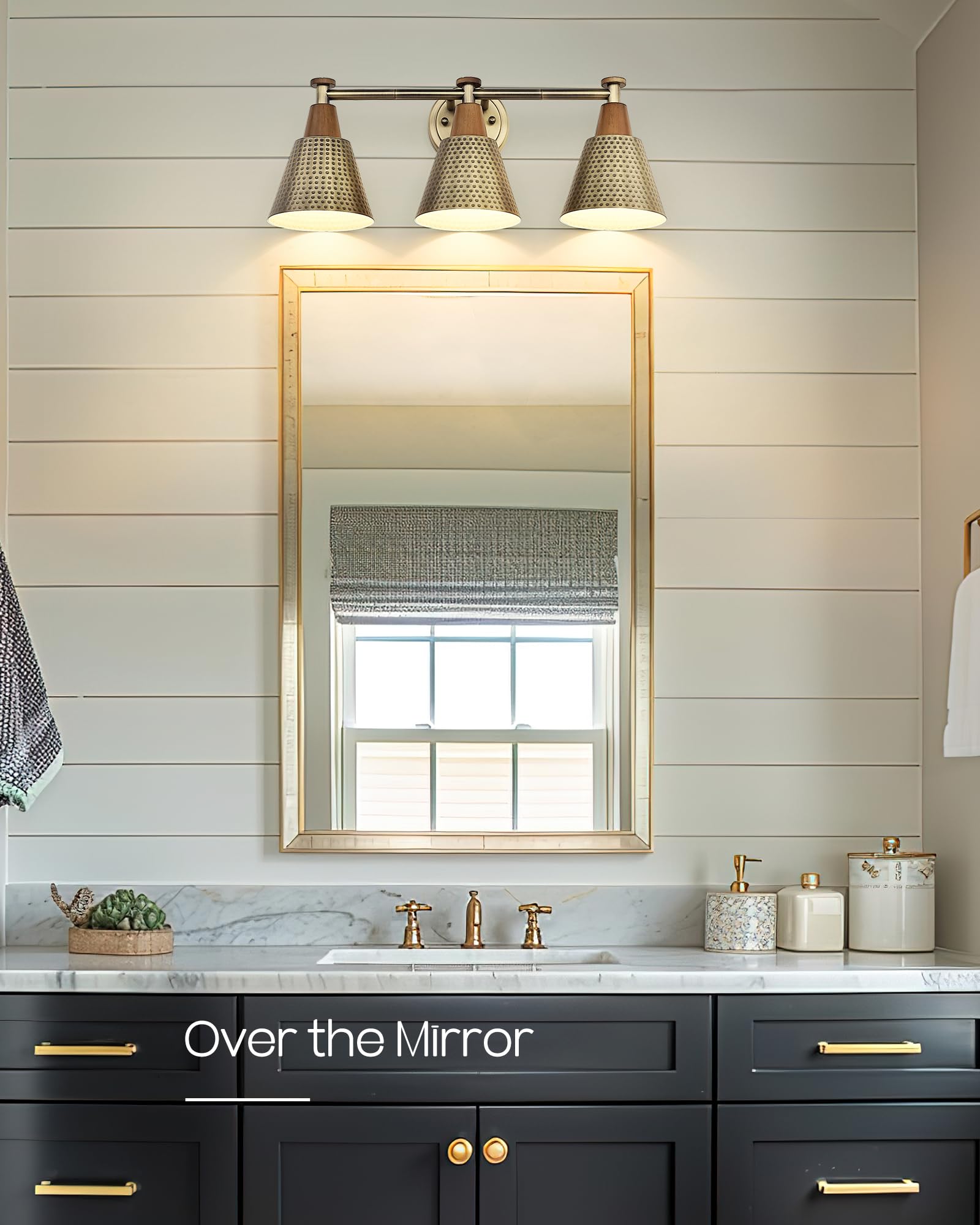 FEMILA Antique Brass 3-Light Bathroom Vanity Light, Industrial Wall Sconce with Hammered Metal Shade