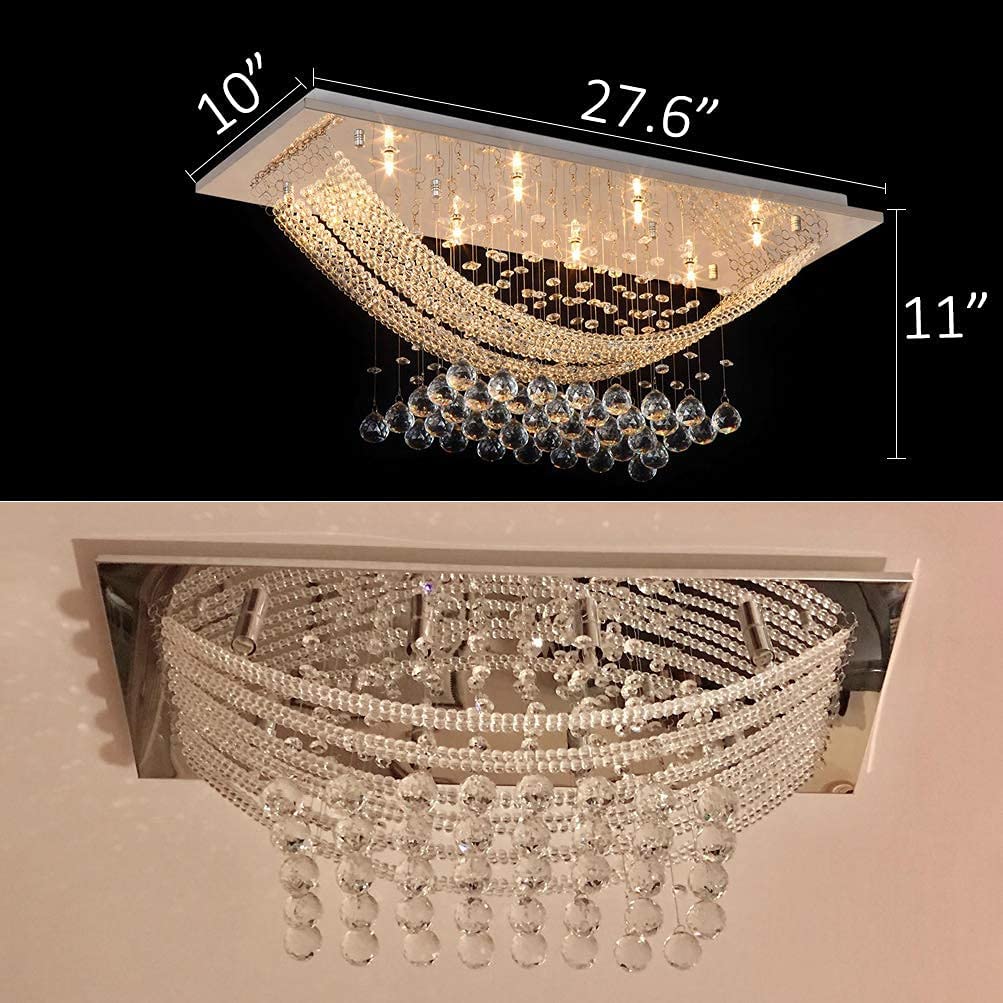 Silver Rectangle Crystal Raindrop Chandelier For Living Room, 8 Lights Modern Flush Mount Crystal Ceiling Light Fixture Pendant