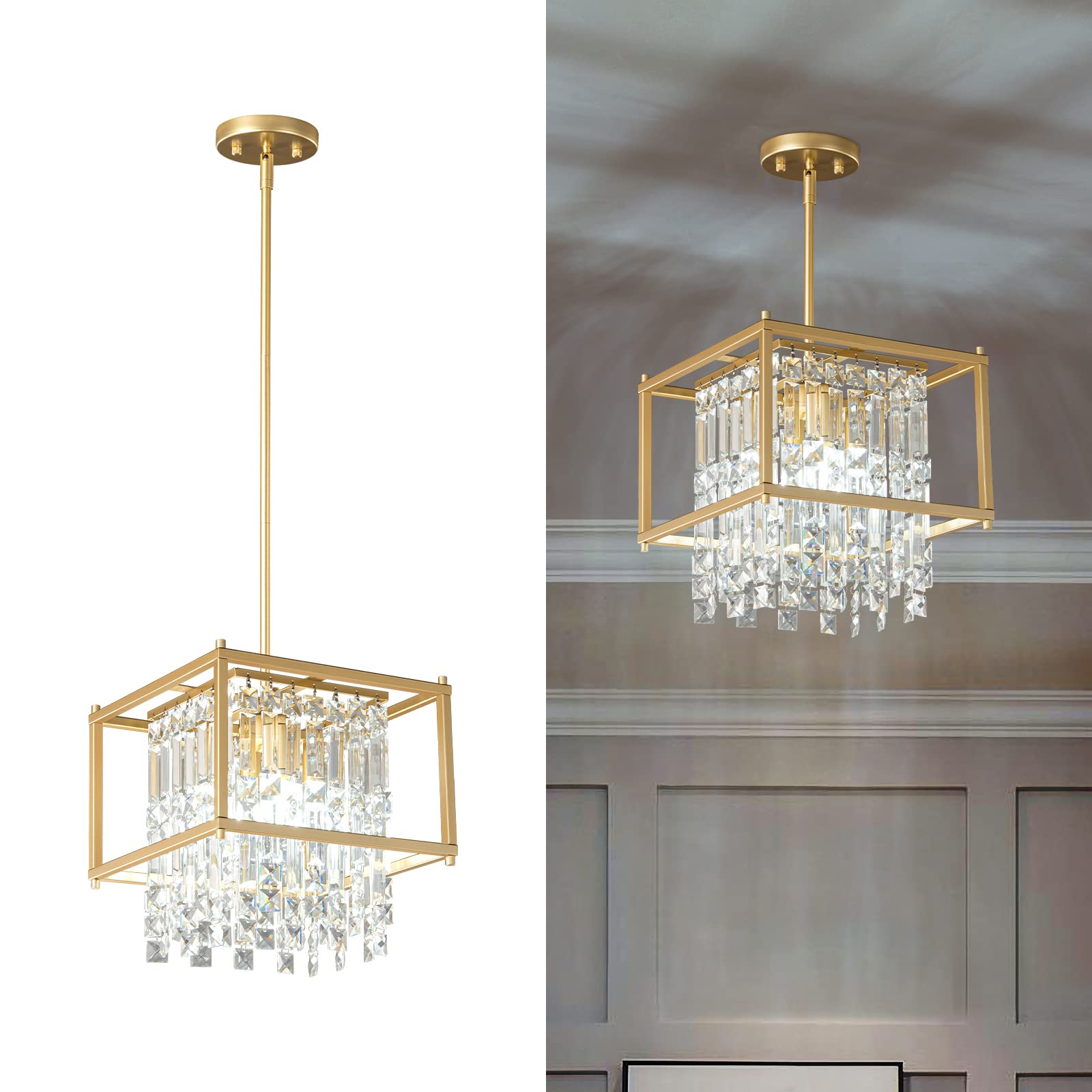 LMQNINE Modern Foyer Chandelier, Black Crystal Chandelier Entryway Light Fixture, Square Adjustable Height Chandeliers for Kitch