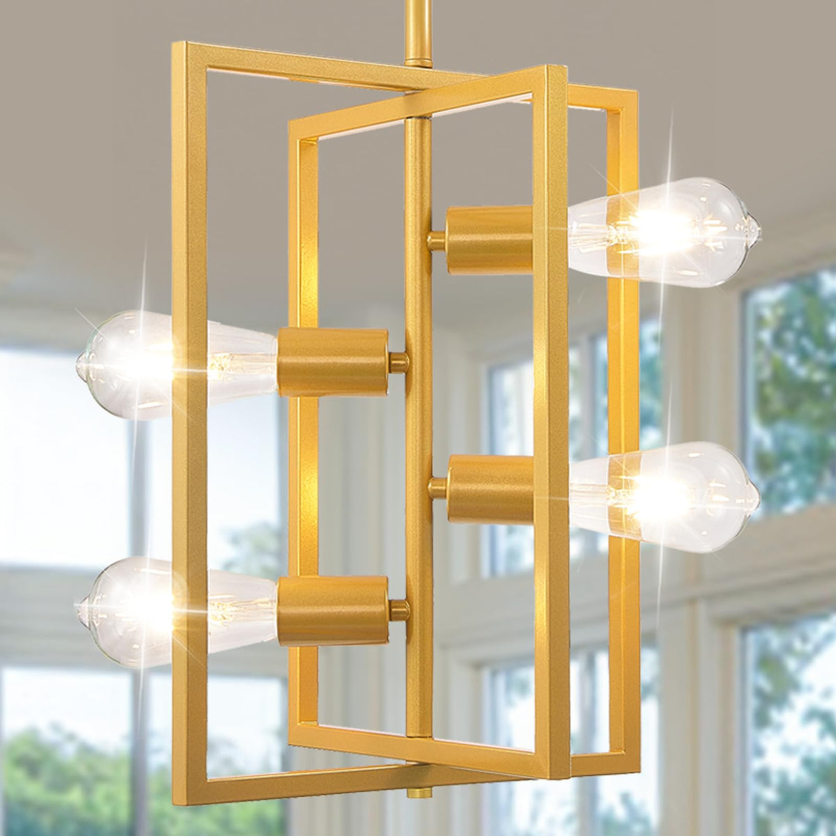 Wjshome Gold Chandelier, 4-Light Kitchen Island Lighting, Industrial Foyer Lighting Fixtures, Farmhouse Dining Room Hanging Pend