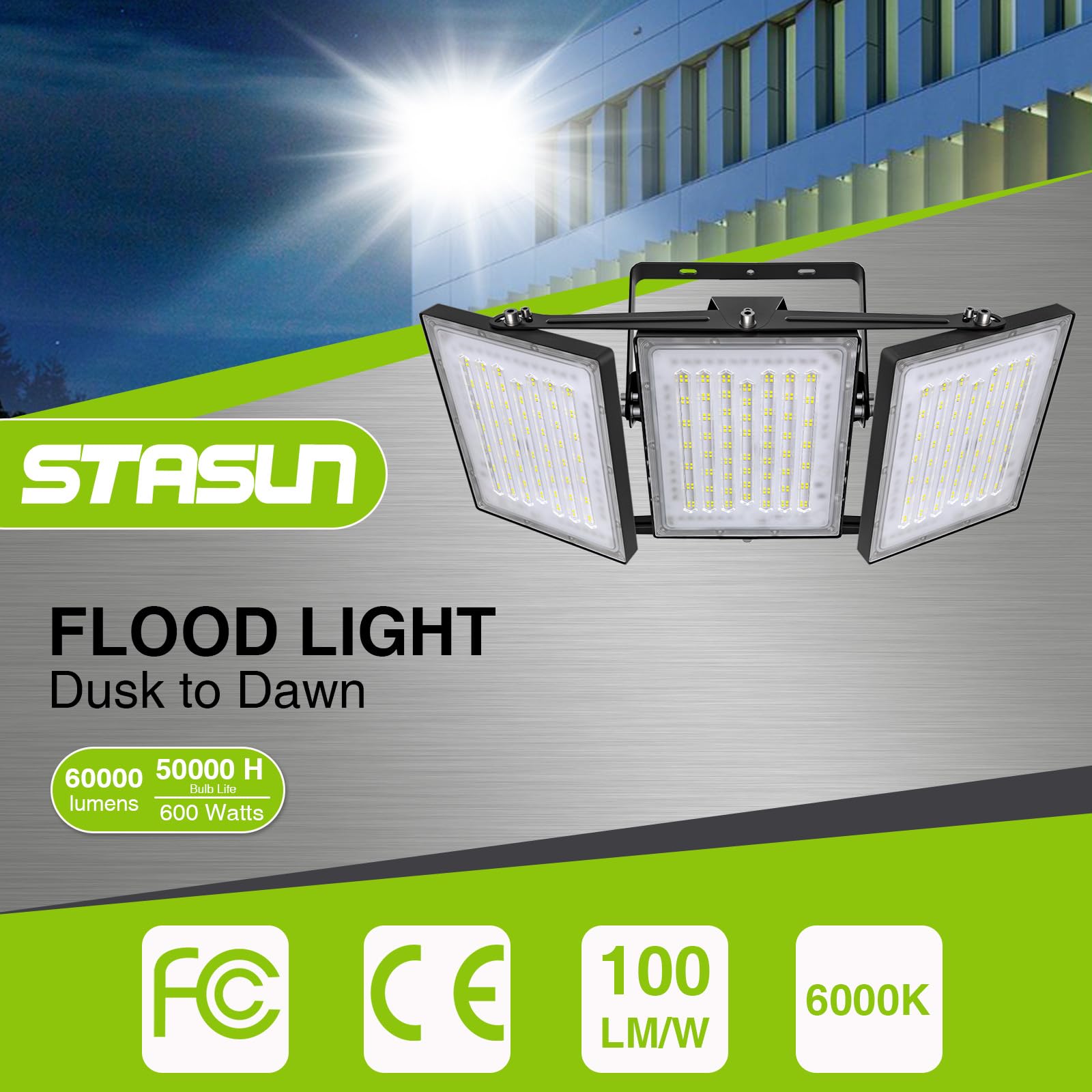 STASUN 600W Flying Series Max LED Flood Light - 6000K, IP66 Waterproof, Black, Model 21035, Ideal for Outdoor Stadiums and Parking Lots