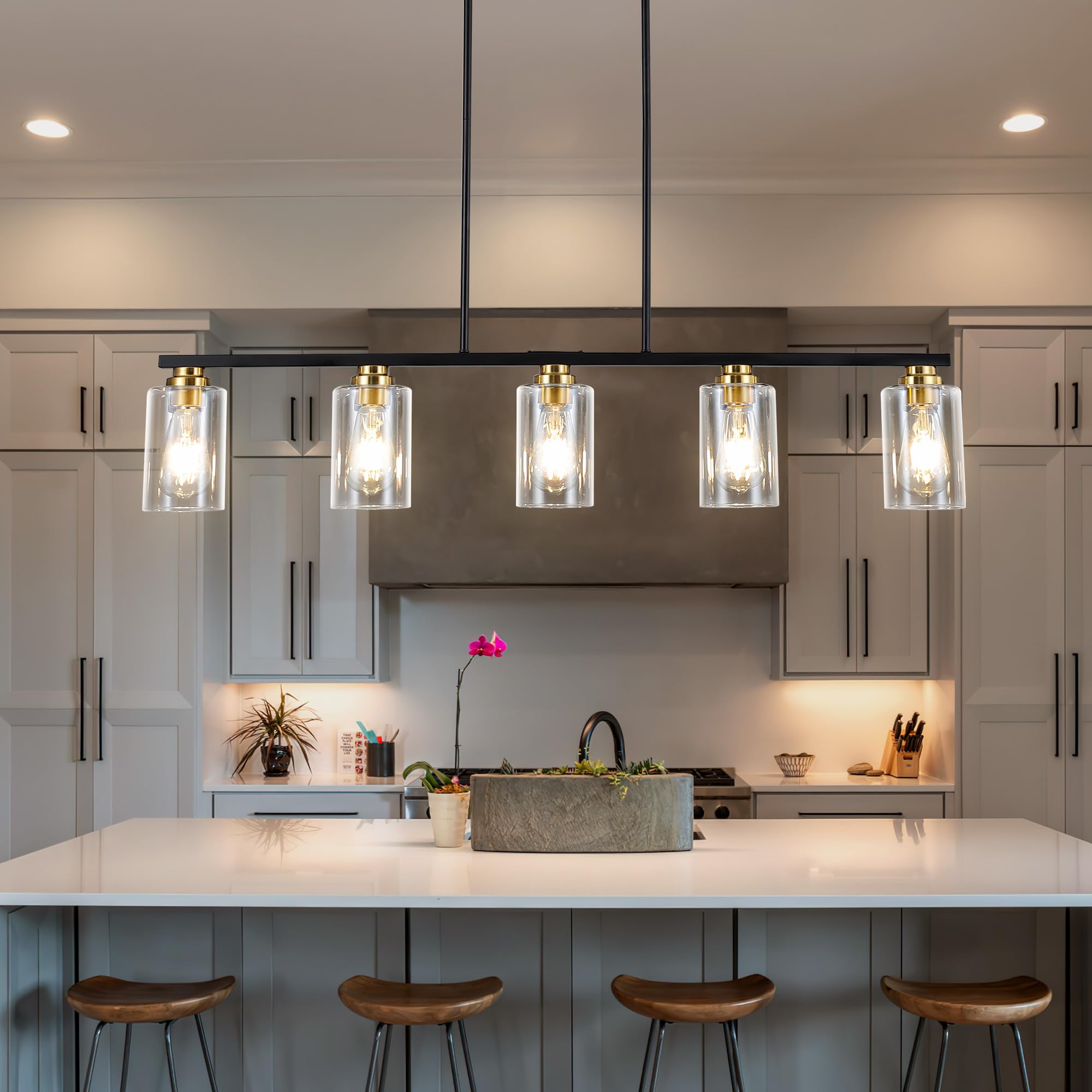 Mecgirn 5-Light Linear Chandelier Pendant - Black & Gold Metal Light Fixture for Kitchen Dining Room, Model D0017-5-BG