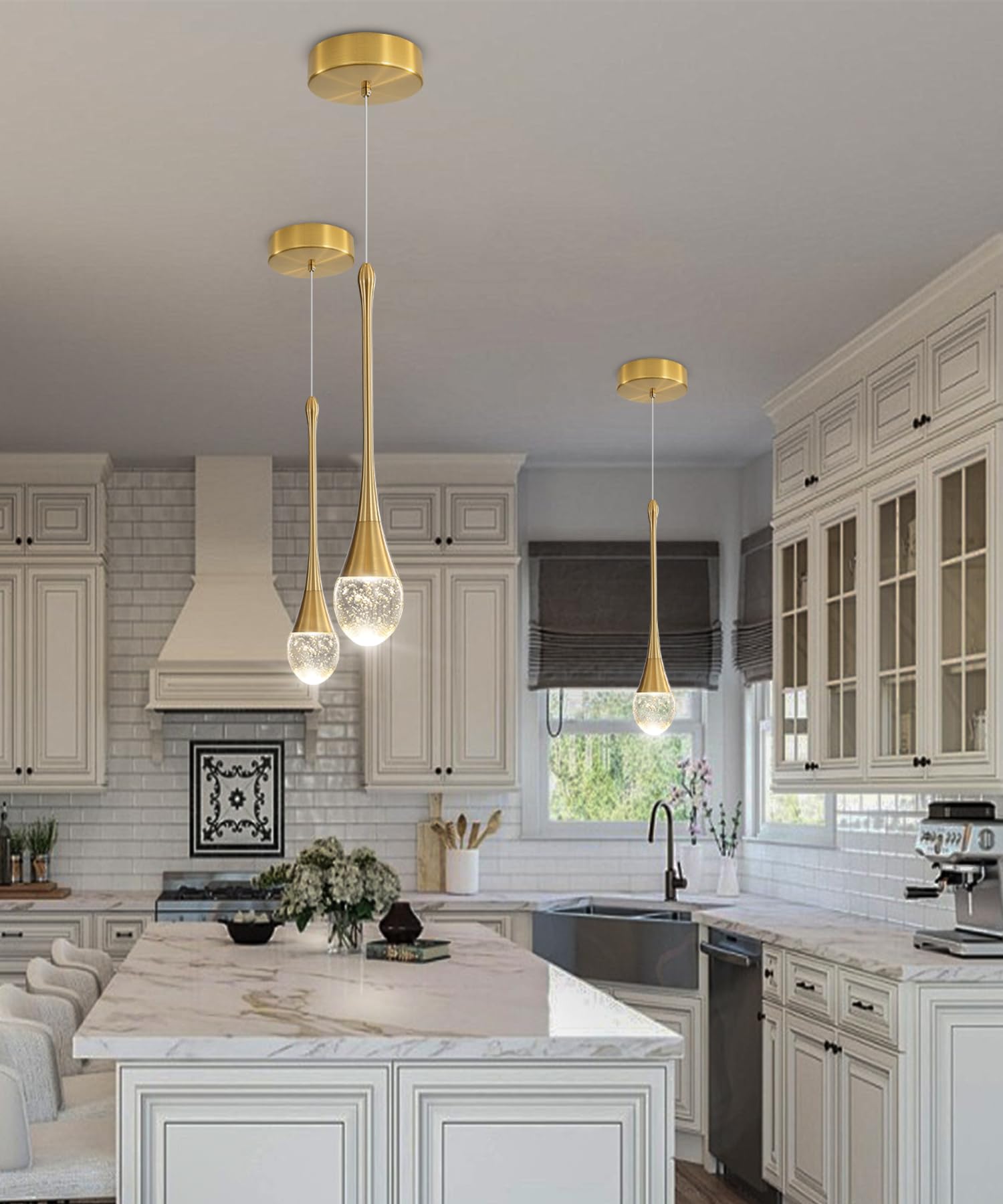 ykolupty Single Head Gold Bubble Crystal Chandelier Modern LED Pendant Lights for Kitchen Island Dimmable 3000-6000k(3 Independe