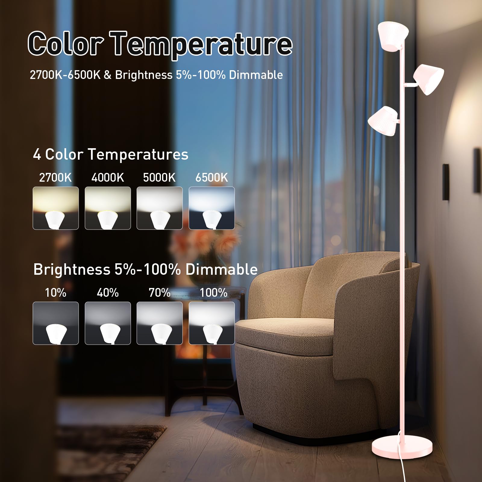 White 42W Tree Floor Lamp, 4200Lm Super Bright Led Floor Lamps For Living Room With Remote & Touch Control, 3 Rotatable Lights 4