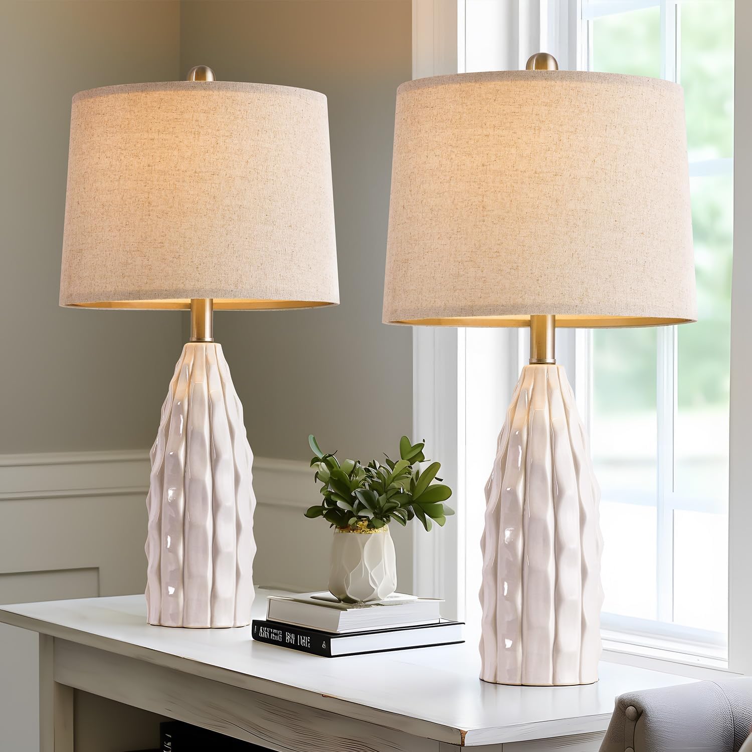 Usumkky 23.75" Ceramic Table Lamps, Bedside Lamps Set Of 2 For Bedroom,Modern Lamps For Night Stands, Farmhouse Lamps For Living Room