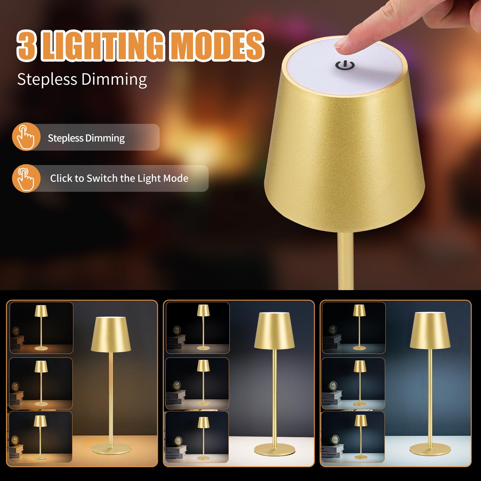 IMQSQIK Cordless Table Lamps USB Rechargeable LED Touch Control 2Pcs Gold