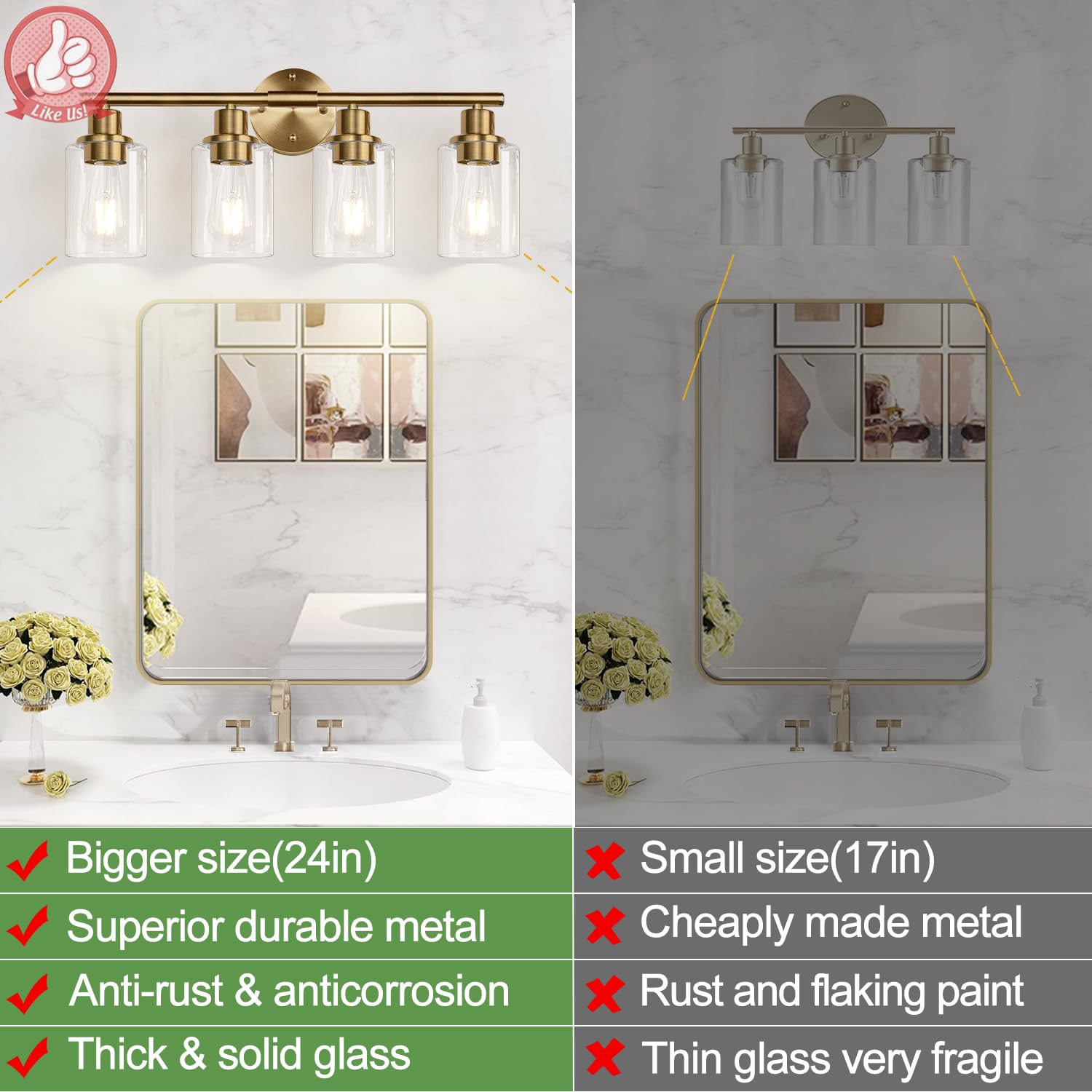 Zarbitta 4-Light Bathroom Light Fixtures, Brushed Brass Vanity Lights with Cyan Glass Shades, Model OMTYX-016