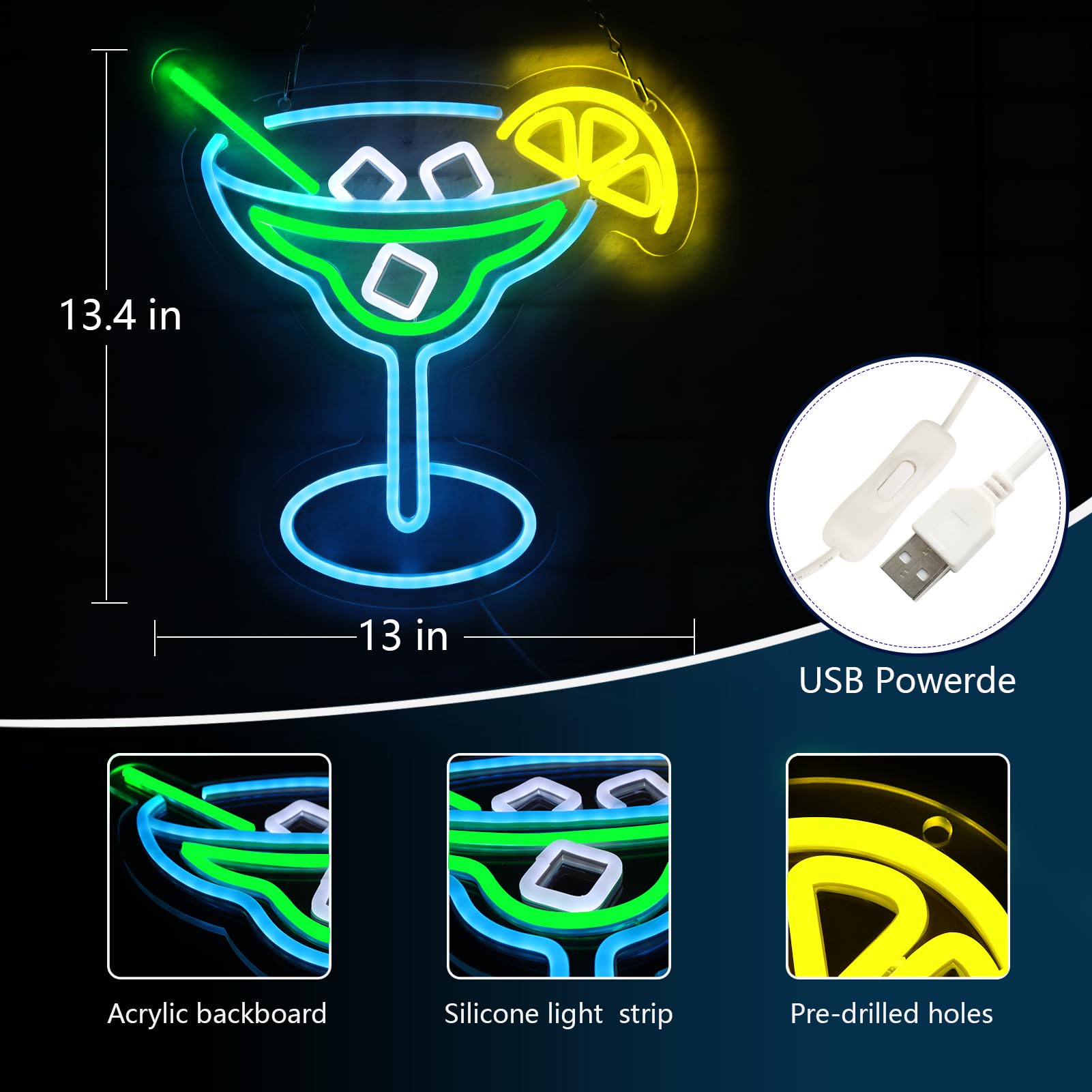 JFLLamp Neon Cocktail Sign - 8" Acrylic LED Wall Decor for Bedroom, Bar, Pub - Colorful Man Cave Art - Model NS-Cocktail 001
