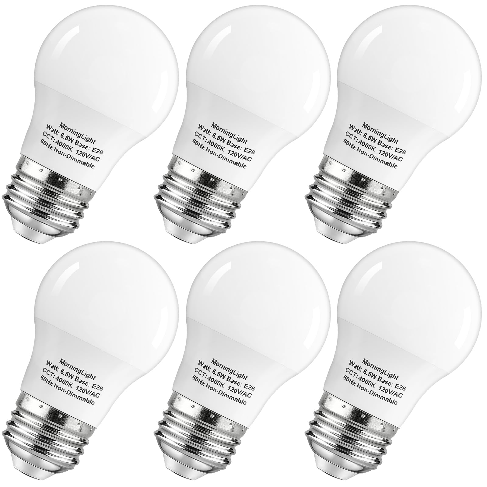 Morninglight 6 Pack A15 Led Bulbs 60 Watt Equivalent, Neutral White 4000K, E26 Base, Non-Dimmable, 6.5W 600 Lumens Bulb, A15 6.5