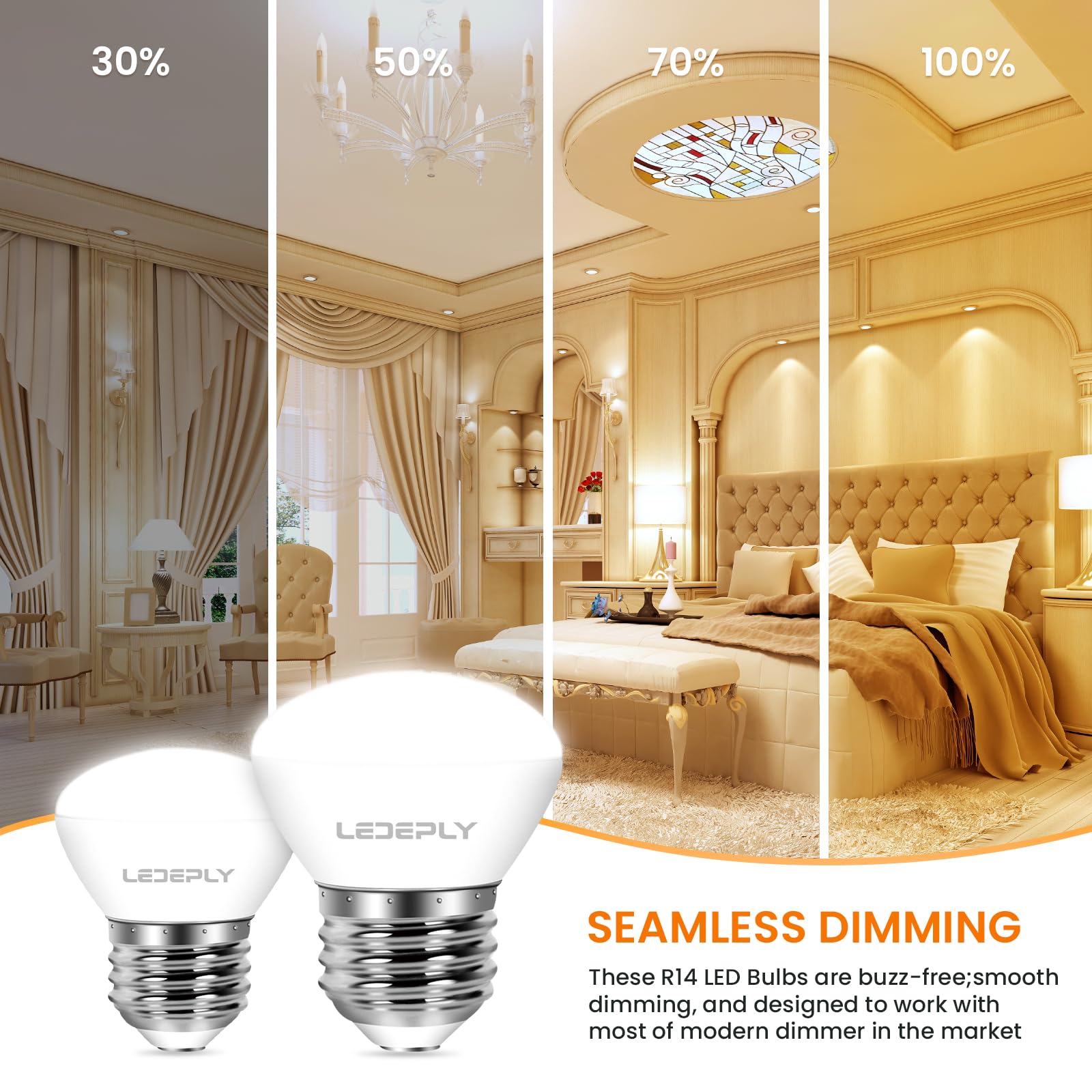 Ledeply R14 Led Bulb, 4W=40W, Dimmable, Medium E26 Base, Mini Led Reflector Floodlight Bulb, 400 Lumens, 2700K Warm White, 4 Pac