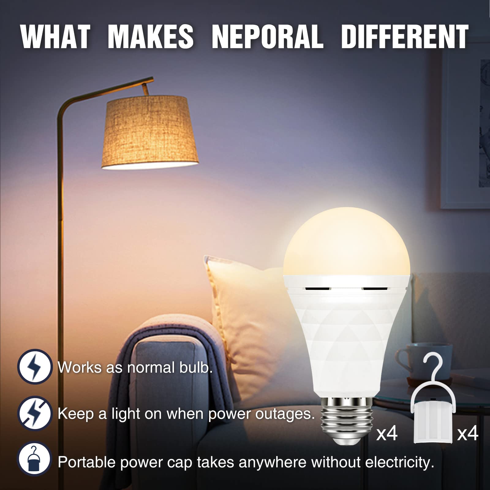 Neporal A19 Rechargeable Light Bulbs, Emergency Lights For Home Power Failure, Led Bulb 60 Watt Equivalent, 3000K Soft White Bul
