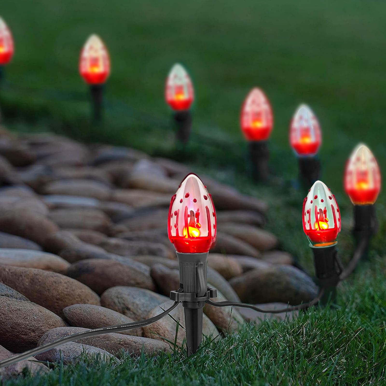 38Ft Outdoor Halloween Decorations Pathway Lights, C9 Flickering Flame Pathway String Lights with 25 Stakes Lights, Plug in Hall