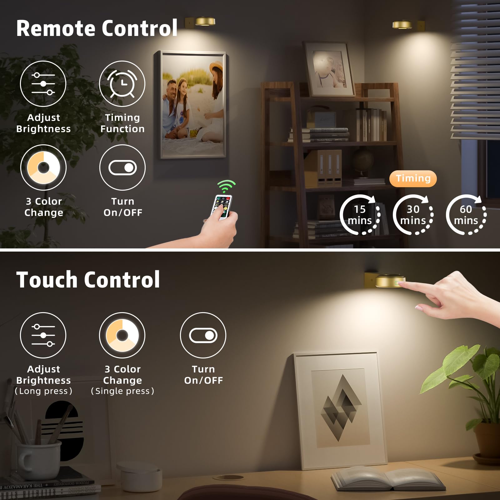 3Pcs Picture Lights With Remote, Wireless Rechargeable Battery Wall Light For Paintings, 3 Colors Paintings Light Dimmable And T