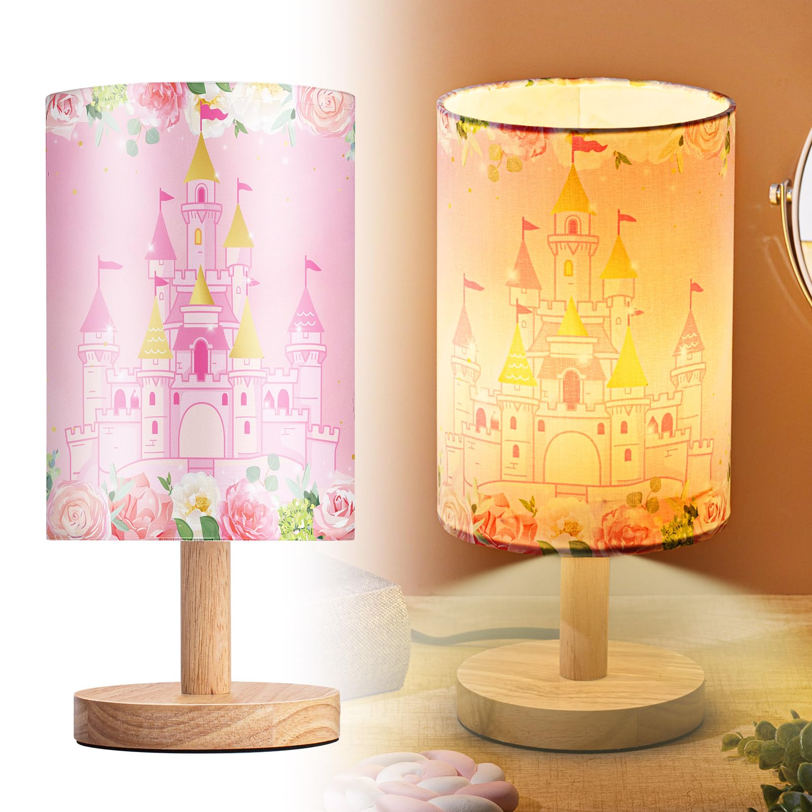 Tujoe Princess Lamps Christmas Gift Pink Castle Fabric Nightstand Table Lamp for Girl Kids Gift Reading Bedroom Living Room Home