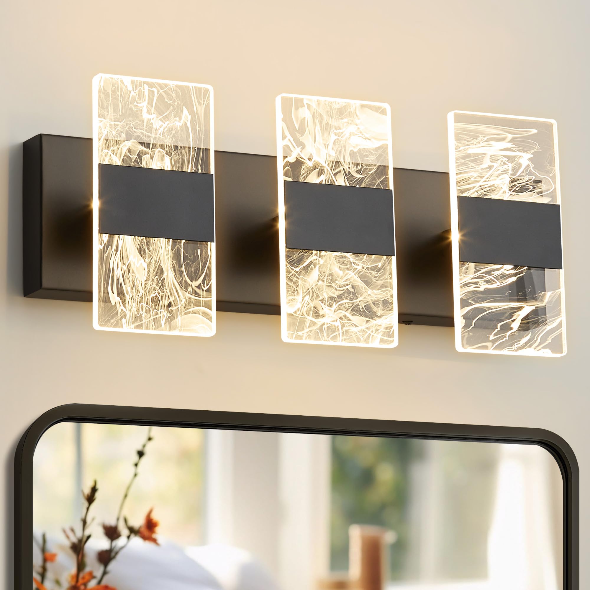 NADOSA Modern LED Bathroom Light Fixtures Dimmable 3-Light Black Vanity Light  5CCT Adjustable Lighting Fixture Vanity Lights Over Mirror  Smoked Acrylic LED Vanity Lights for Bathroom